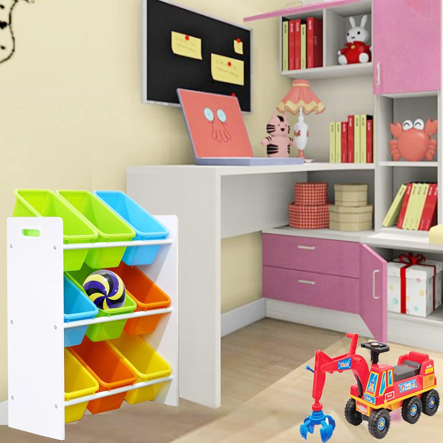 Toy Storage Organizer with 9 Multiple Color Plastic Bins & Shelf for Bedroom Playroom Living Room Home Furniture Pack of 2