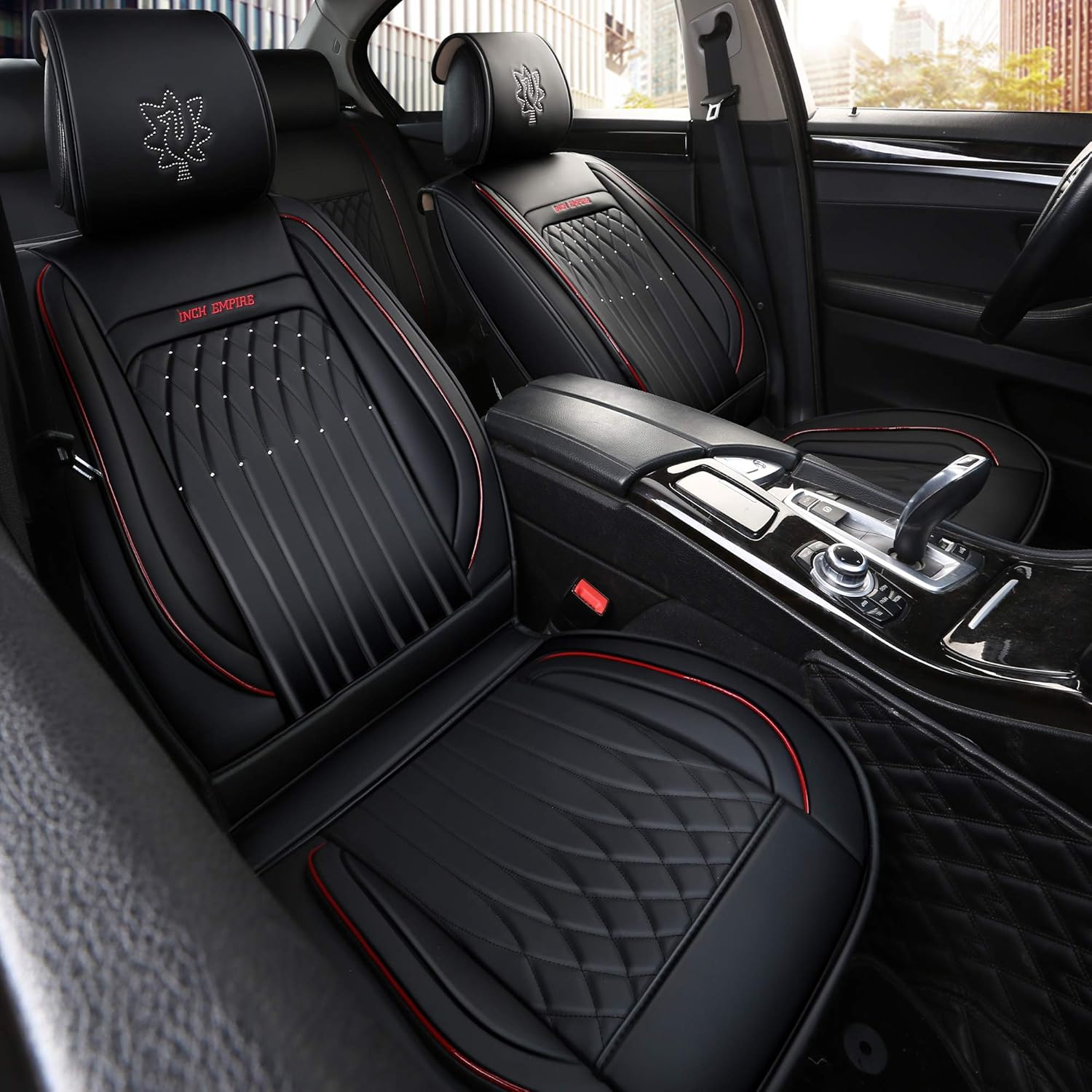 INCH EMPIRE Car Seat Cover Water Proof Synthetic Leather Fit for Sedan SUV Truck Outlander PHEV Altima Frontier Leaf Maxima Versa Xterra Sentra Murano (Black&Red Full Set)