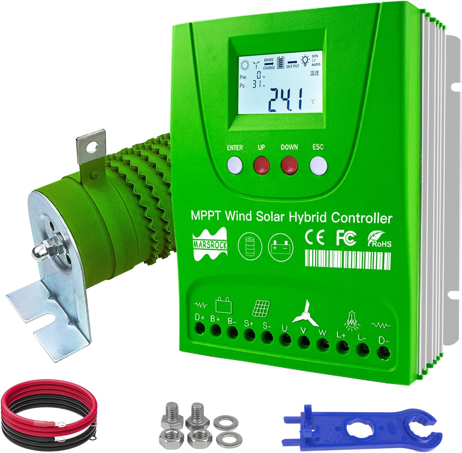 Mars Rock 2000W 12V 24V 48V 0~1000W Wind 0~1000W Solar MPPT Wind Solar Hybrid Controller Pioneer Version Charge Lithium & Lead Acid Gel Battery (12/24V Auto)