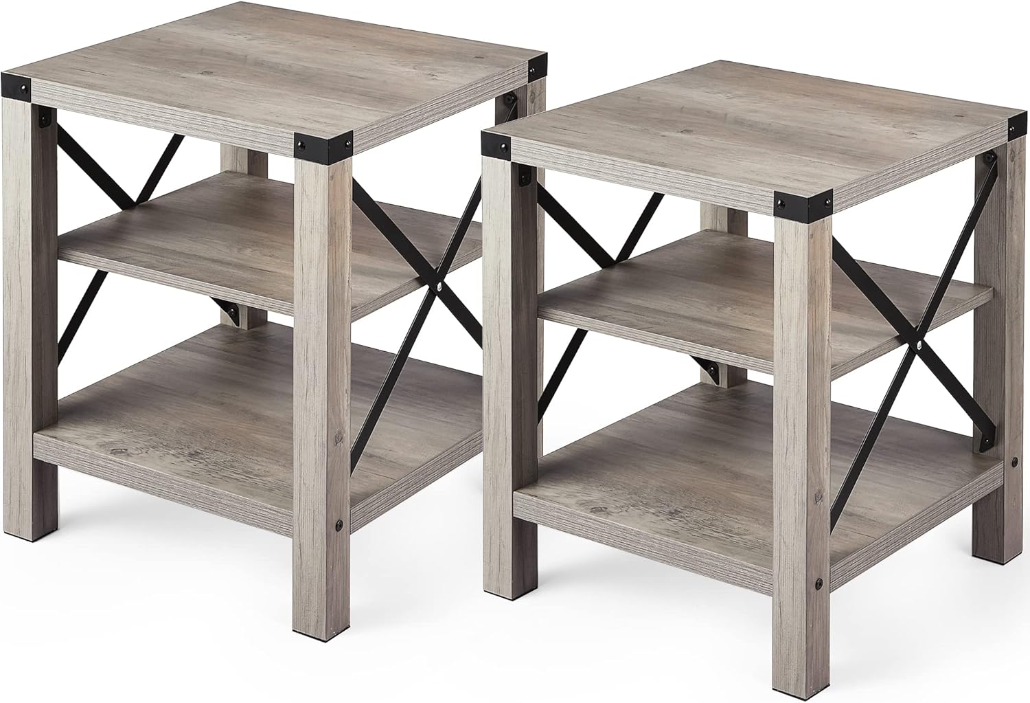 IDEALHOUSE Rustic End Table Set of 2, Farmhouse Accent Cocktail Table Storage Shelf, Industrial Wood Look Tea Table, Sofa Center Table for Living Room, Side Table with X Metal Frame