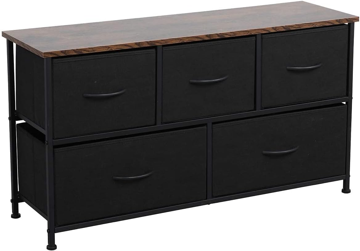 Somdot Dresser with 5 Easy Pull Drawers 39.4'' Wide Fabric Dresser Vertical Storage Tower Organizer Unit for Bedroom Office Laundry Closet Entryway Hallway Nursery Room, Black/Rustic Brown