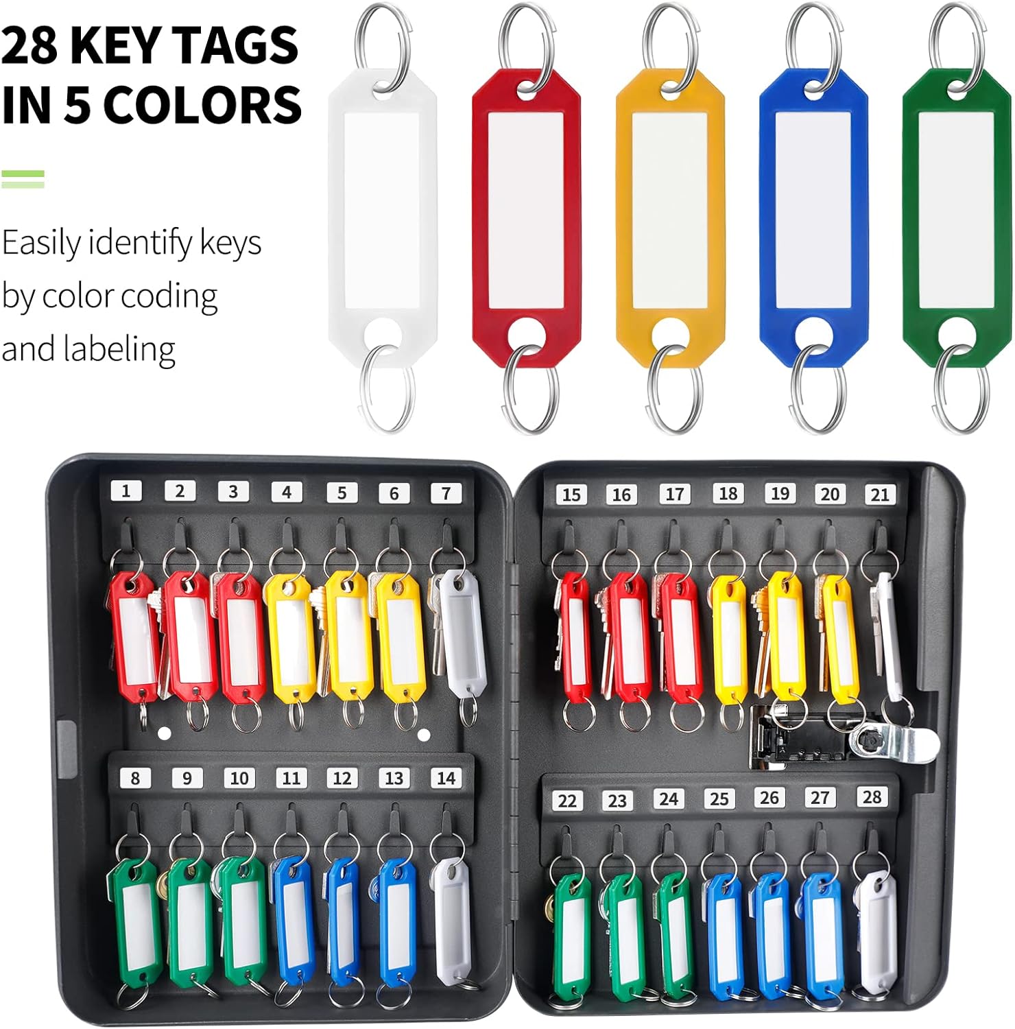 Uniclife 28-Key Steel Key Cabinet with Combination Lock Wall Mounted Key Organizer with Resettable Code Black Digital Security Box with Hooks and Large Key Tag Labels Identifiers in 5 Assorted Colors