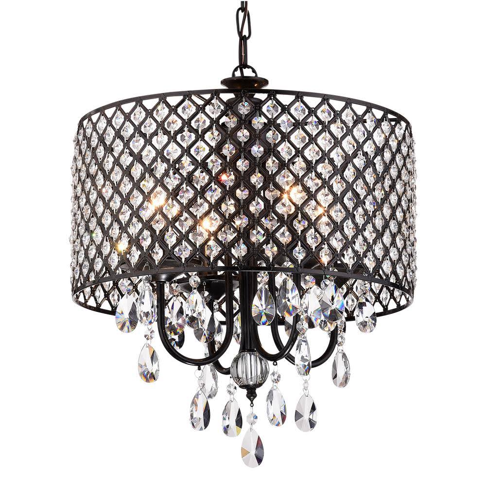 Edvivi Antique Black Round Drum Shade 4-Light Crystal Chandelier Ceiling Fixture