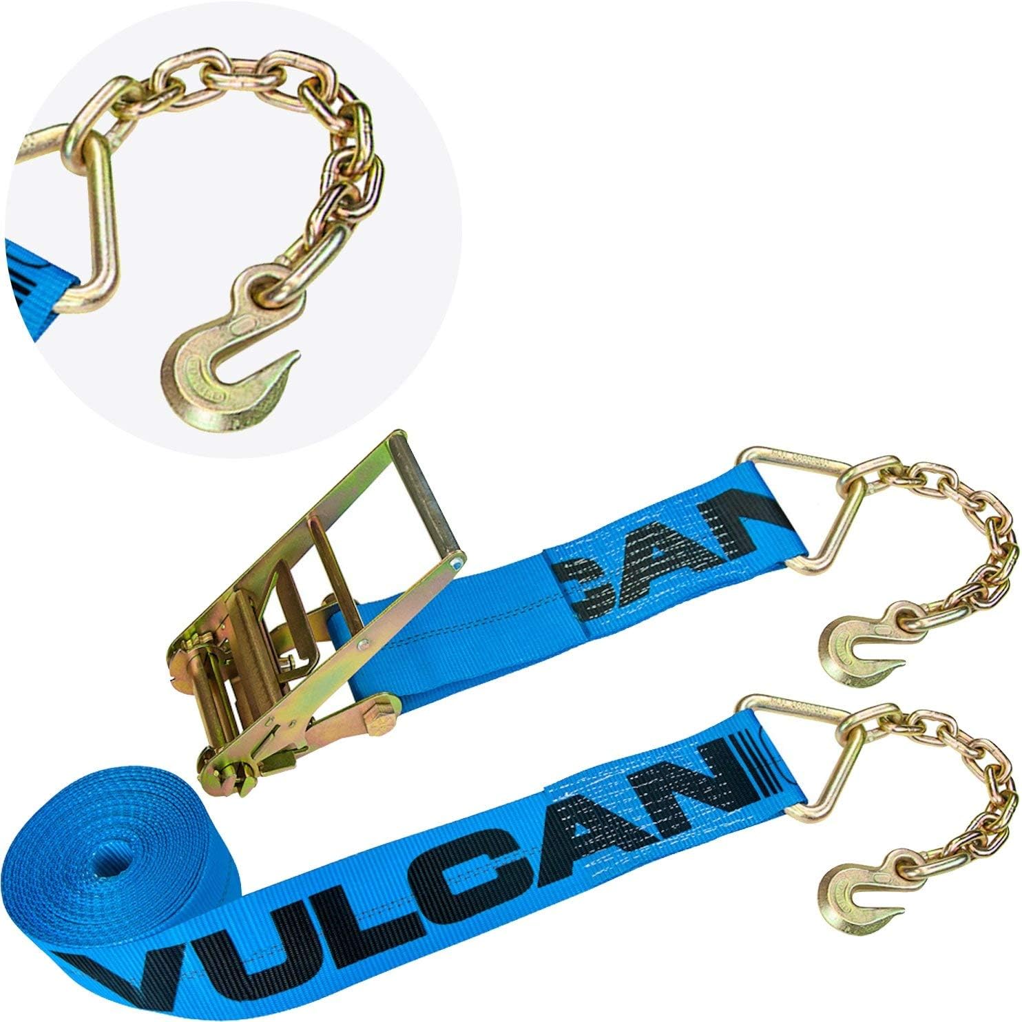 VULCAN Ratchet Strap with Chain Anchors - 4 Inch x 30 Foot, 2 Pack - 6,600 Pound Safe Working Load