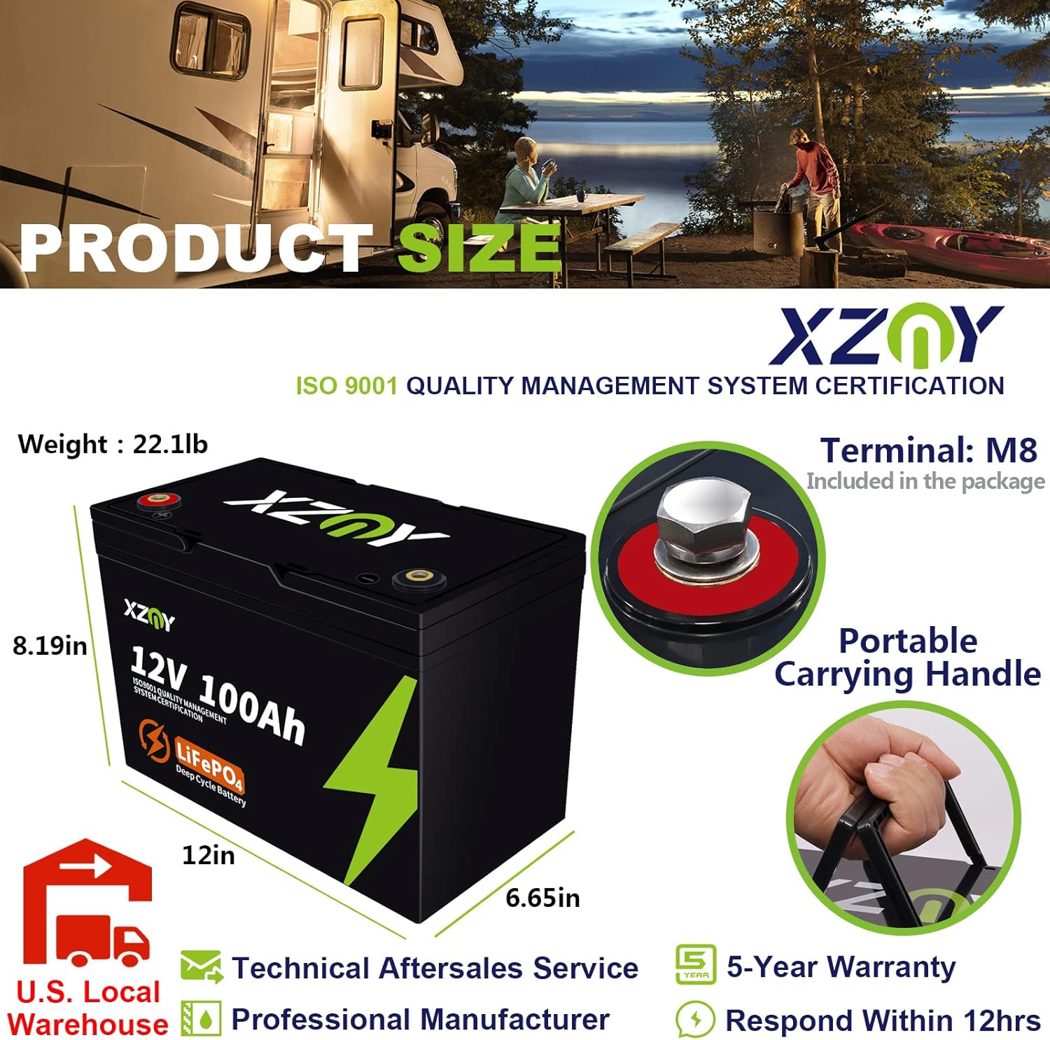 XZNY 12V 100Ah Deep Cycle LiFePO4 Battery, 5000+ Cycles 12V Rechargeable Lithium Battery Built-in 120A BMS, 12V LiFePO4 Battery for Solar Home, RV, Camping, Fish Finder, Boat, Backup Power, Marine