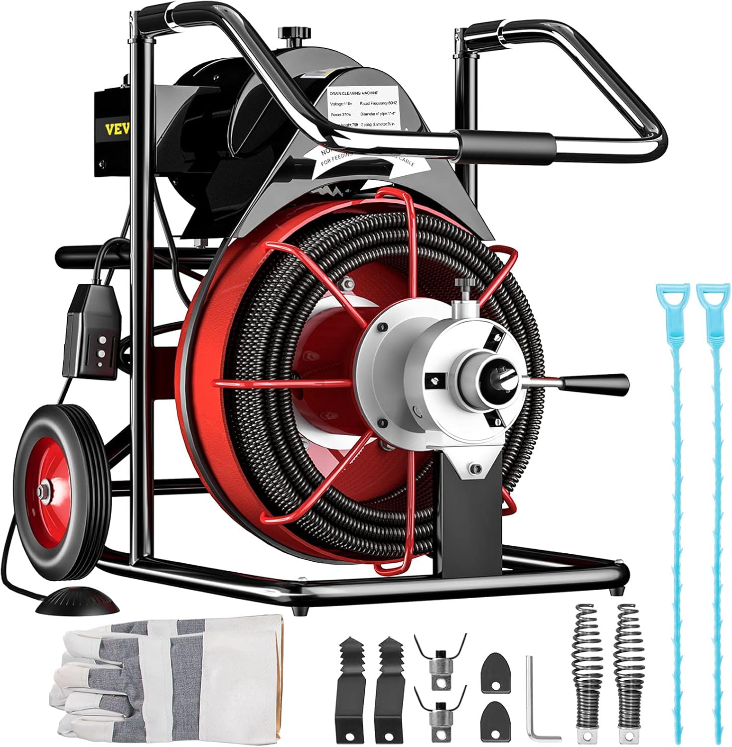 Mophorn 75 Ft x 3/8Inch Drain Cleaner Machine fit 1 Inch (25mm) to 4 Inch(100mm) Pipes 370W Open Drain Cleaning Machine Portable Electric Drain Auger with Cutters Glove Drain Auger Cleaner Sewer Snake