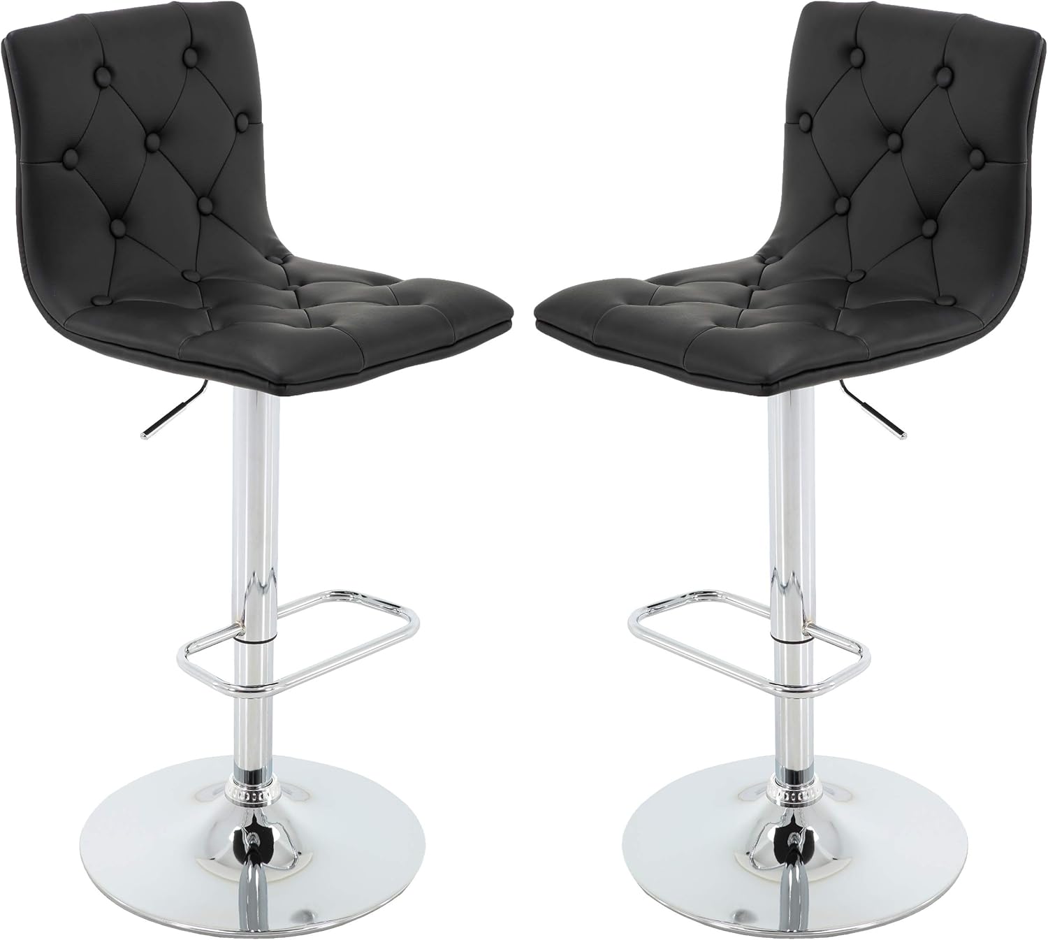 Brage Living Tufted PU Leather Adjustable Height Barstool with Chrome Base and Footrest Set of 2 (Black)
