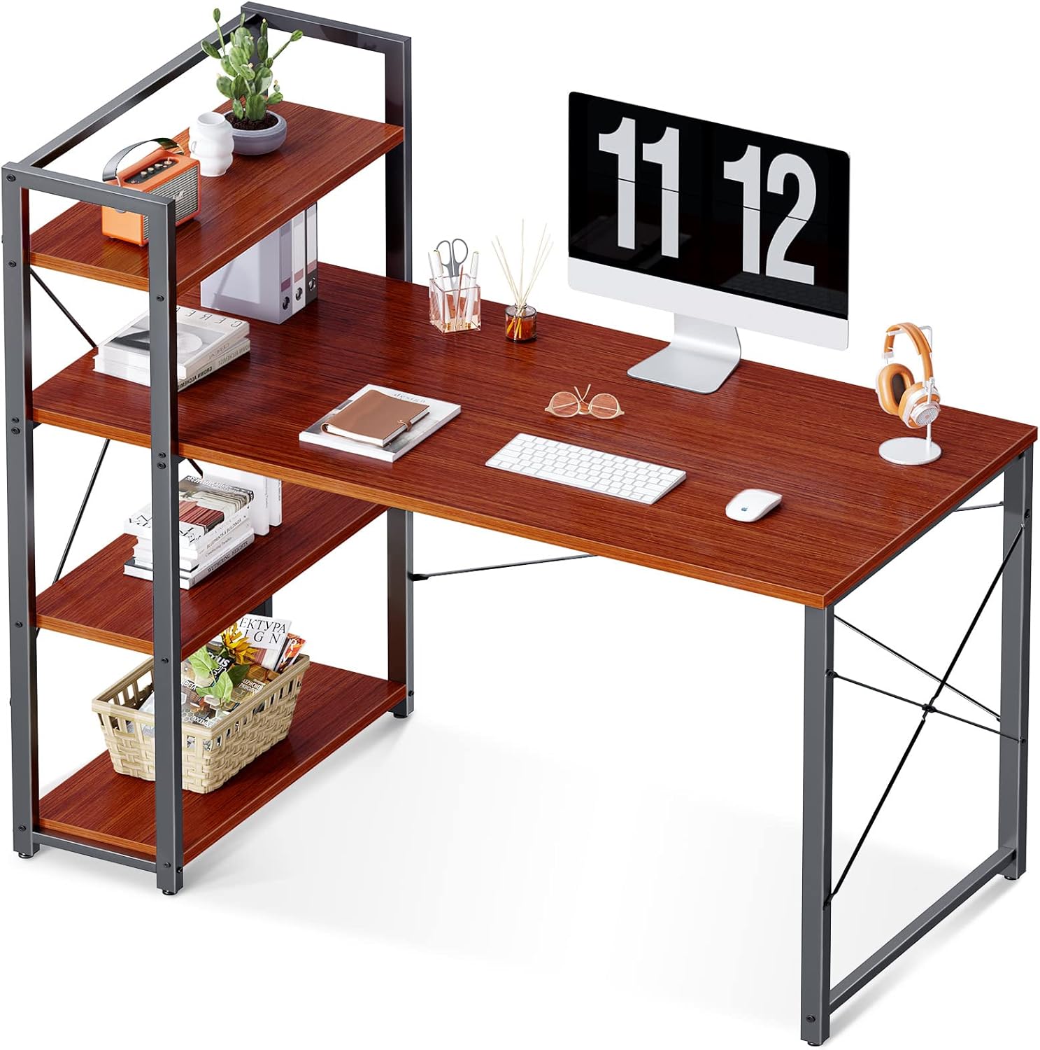 ODK Computer Desk with Storage Shelves 47 inch Home Office Writing Study Work Desk with Reversible Bookshelf Modern Simple Style Table with Hutch for Small Space,Black