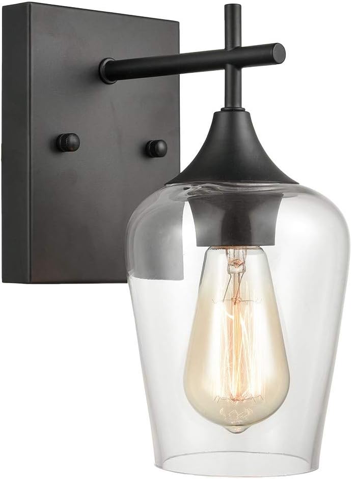 Matte Black Simplicity 1 Light Clear Glass Wall Sconce Industrial Bathroom Vanity Lighting