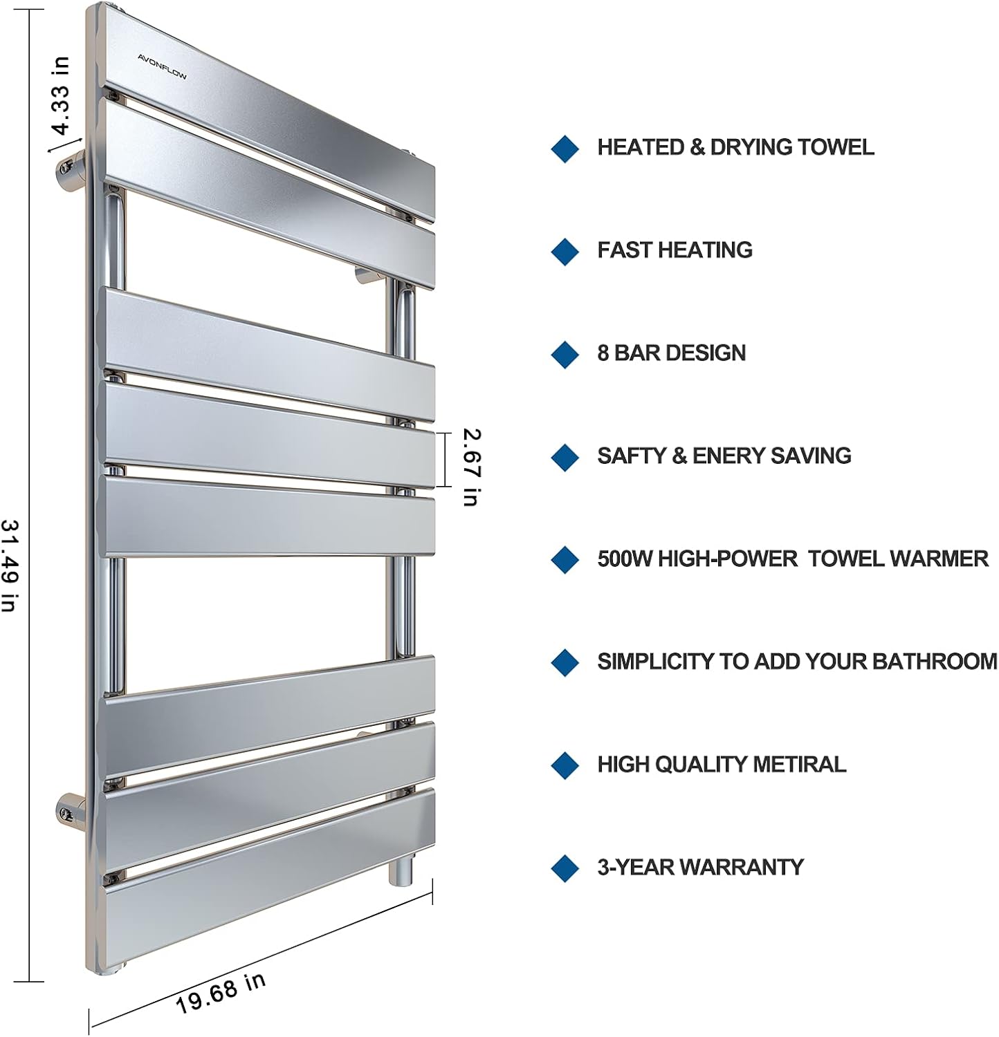 AVONFLOW Towel Warmer Wall Mounted Heated Towel Rack for Bathroom Towel Heater Drying Rack Brushed Nickel (500W)- Chrome