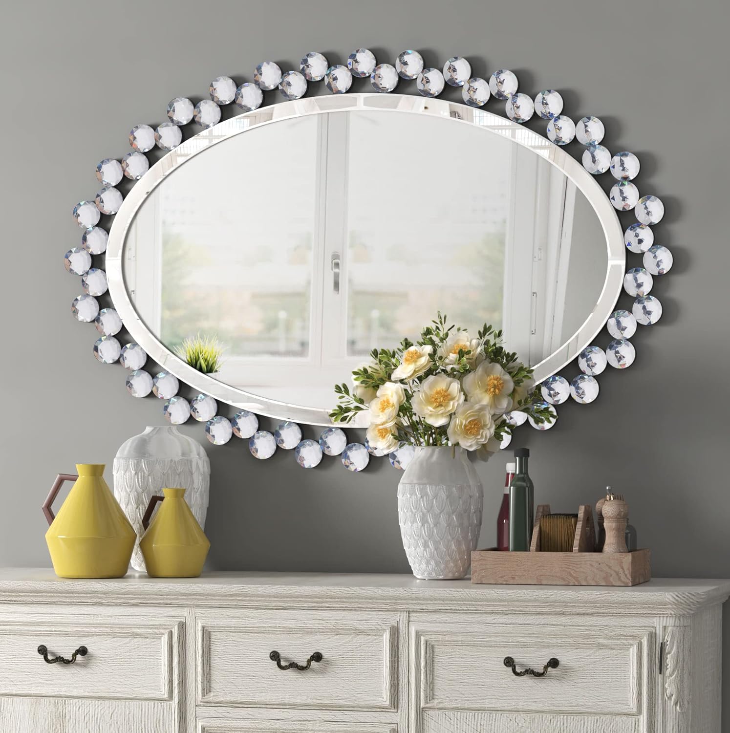 JACUKO Jeweled Wall Mirror-Oval Diamond Accent Decorative Wall Mirror, Venetian Mirror for Bedroom/Bathroom/Entryway/Passageway 23.6*35.5 in