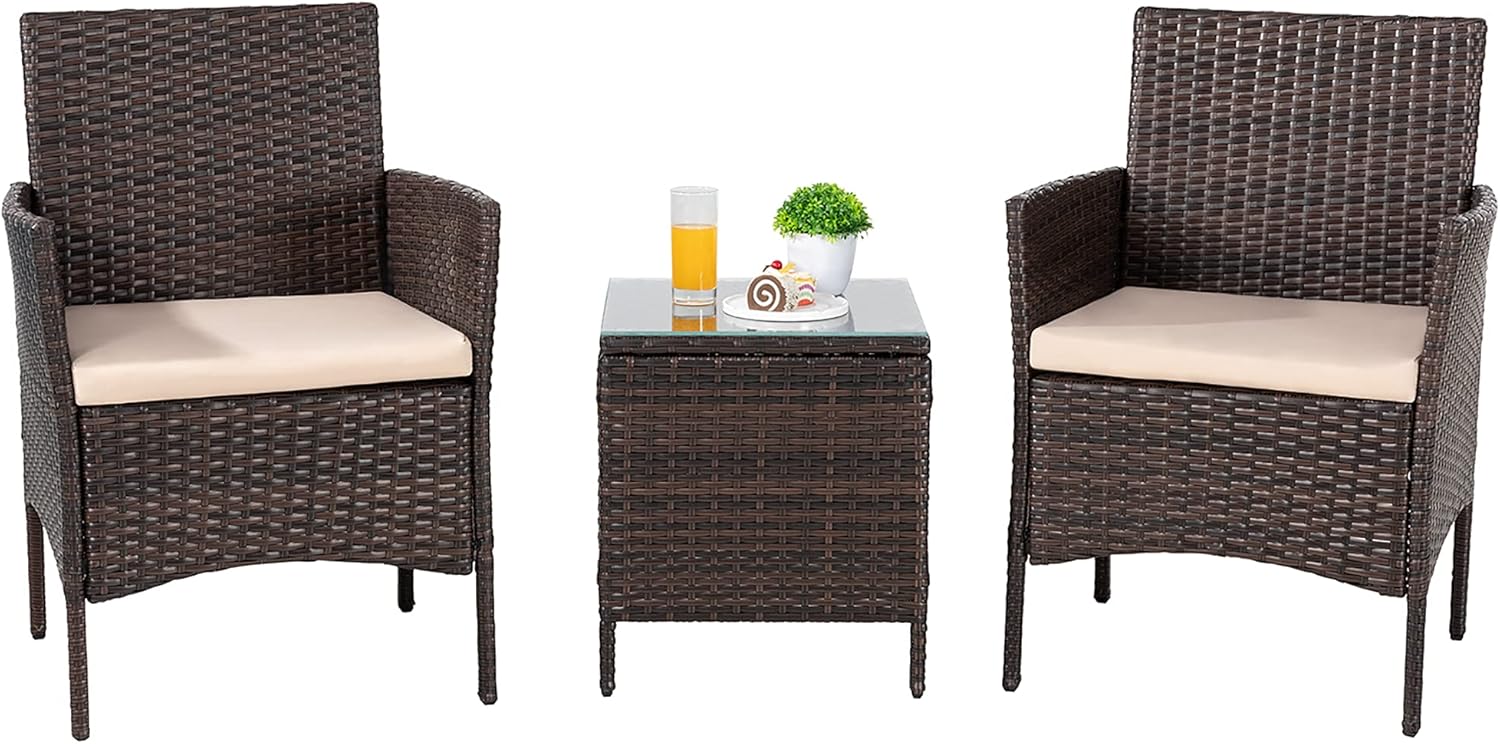 SUNLEI 3 Pieces Outdoor Patio Furniture Set,Wicker Bistro Set Outdoor Patio Set Rattan Chair Conversation Sets with Table for Yard Backyard Lawn Porch Poolside Balcony
