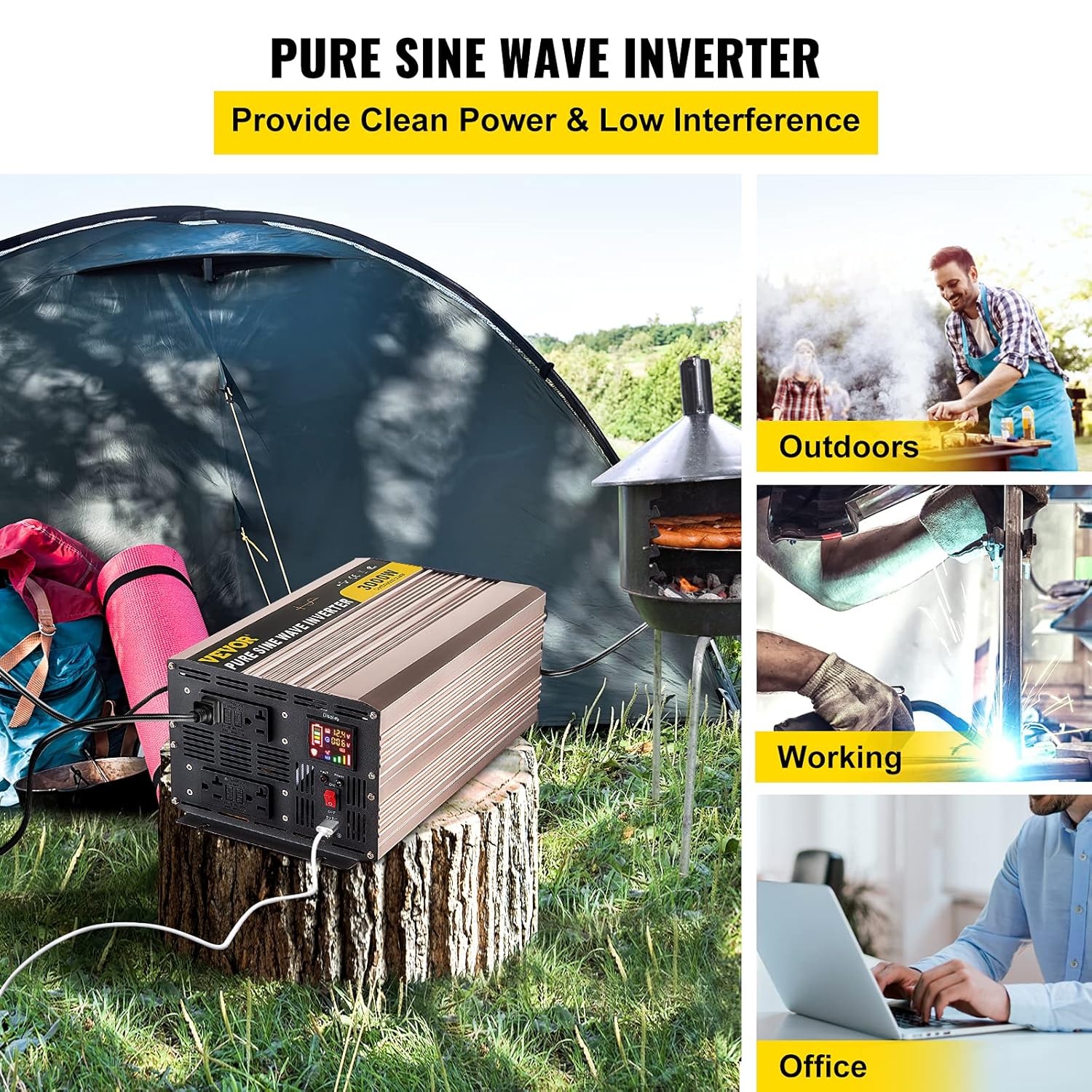 VEVOR Pure Sine Wave Inverter, 3000 Watt Power Inverter, DC 12V to AC 110V Car Inverter, with LCD Display, 5V USB Port, AC Outlets (GFCI) Power Converter, for Car, RV Truck,Solar System,Travel Camping