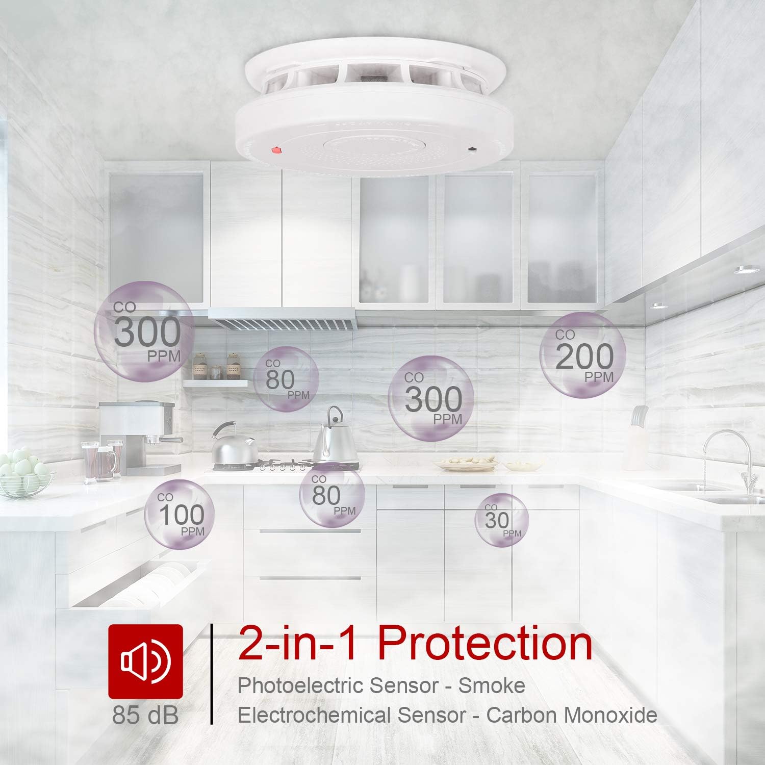 Smoke and Carbon Monoxide Detector Alarm 10 Year Battery Operated (Not Hardwired), Photoelectric CO Smoke Alarm Combo Alarm with Silence Function, Compliant with UL 217 & UL 2034 Standards - 2 Pack Pack of 2