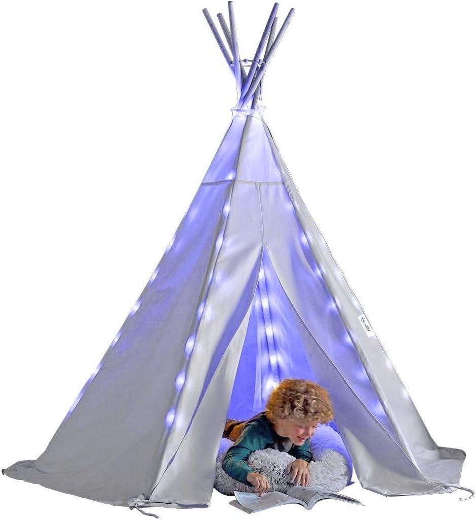 e-Joy 6' Indoor Indian Playhouse Toy Teepee Play Tent for Kids Toddlers Canvas Teepee With Carry Case With Mat with Light(battery Powered) Pack of 2