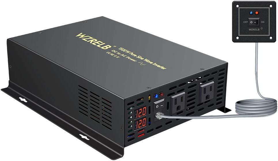 WZRELB 1500W 12V Power Inverter DC to 110V 120V AC Pure Sine Wave Inverter with Remote Controller Dual AC Outlets and LED Display for CPAP RV Camping