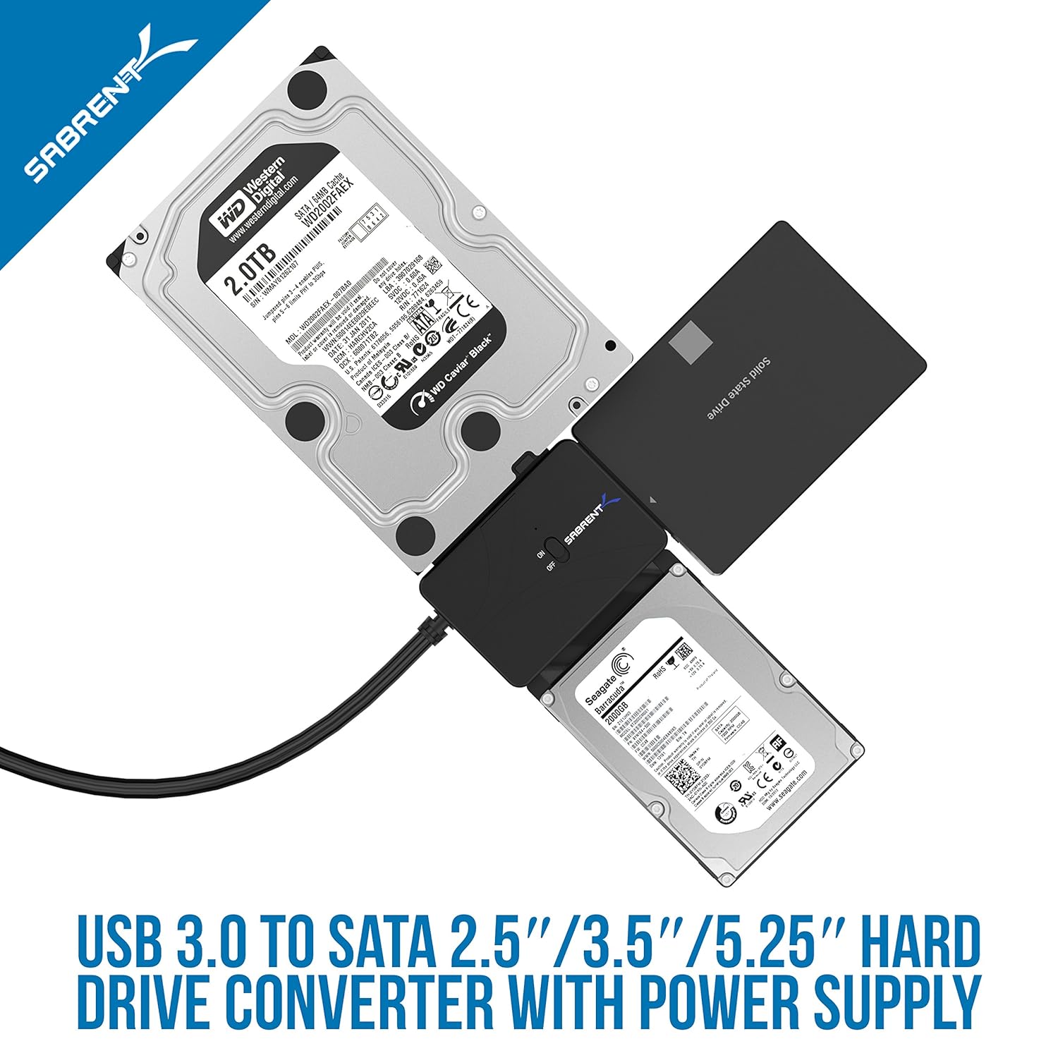 Sabrent USB 3.0 to SSD/SATA/IDE 2.5/3.5/5.25-INCH Hard Drive Converter with UL Power Supply & LED Activity Lights [10TB Support] (USB-DS12) Pack of 2