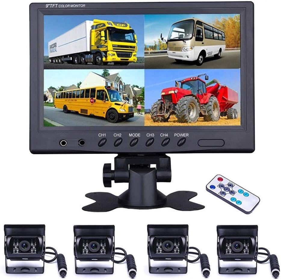 Vehicle Backup Camera - Camecho 9 Inch 4 Split Monitor Front View Rear View Camera 18 IR Night Vision Waterproof Auto Camera with 2x33 ft and 2x65ft Cables for RV, Trailer, Bus,Trucks