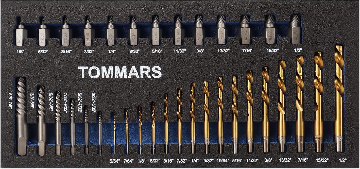 TOMMARS 35 Pc Screw Extractor and Drill Bits Kit Multi-spline Extractor, HSS Drill Bits for Removeing Broken Studs, Bolts, Socket Screws, and Fittings