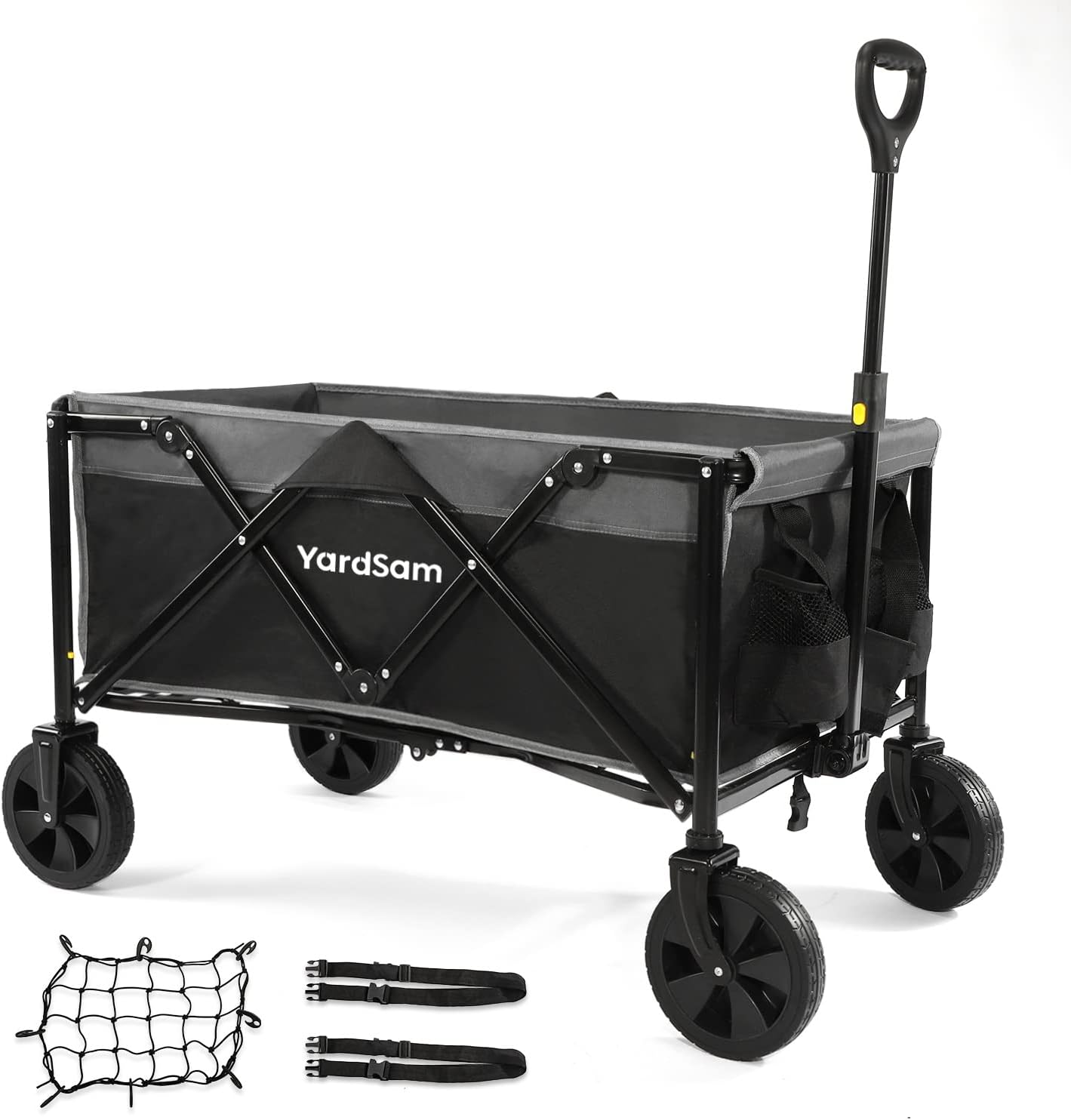 Yardsam Collapsible Outdoor Utility Wagon, Heavy Duty Foldable Folding Wagon Cart with Removable Wheels, w/ Cargo Net and Straps (Black)