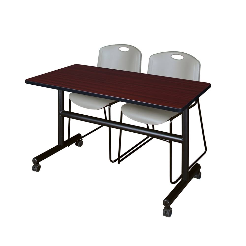 Kobe 48x22 Flip Top Mobile Training Table- Mahogany u0026 2 Zeng Stack Chairs- Grey