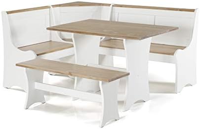 Linon Jackie Pine Wood 3 Piece Patio Conversation Indoor Kitchen Breakfast Table Booth Bench Corner Dining Nook Set in Antique White