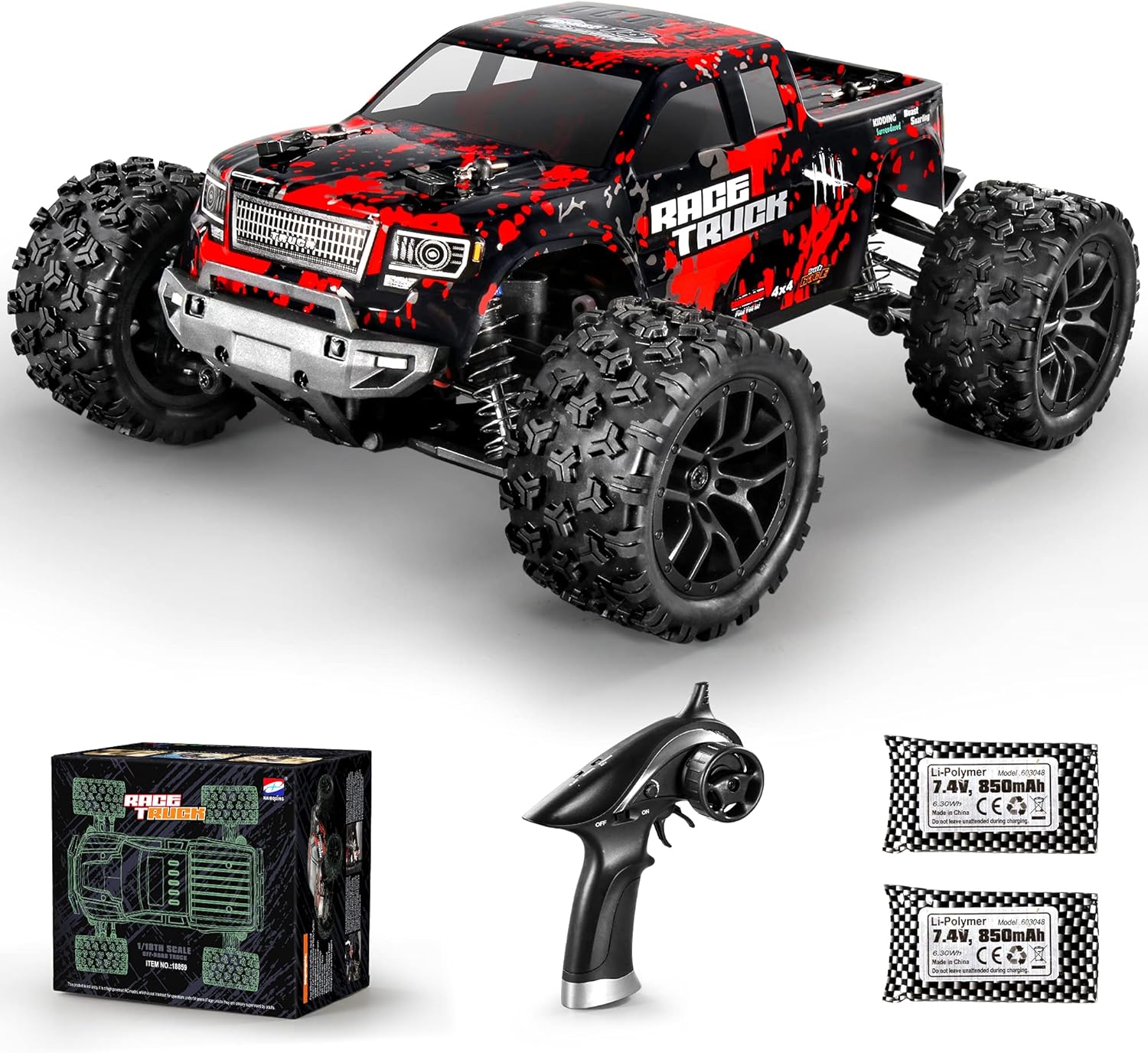 HAIBOXING 1:18 Scale All Terrain RC Car 36KM/H High Speed, 4WD Electric Vehicle,2.4 GHz Radio Controller, Included 2 Batteries and A Charger,Waterproof Off-Road Truck (Red) Pack of 2