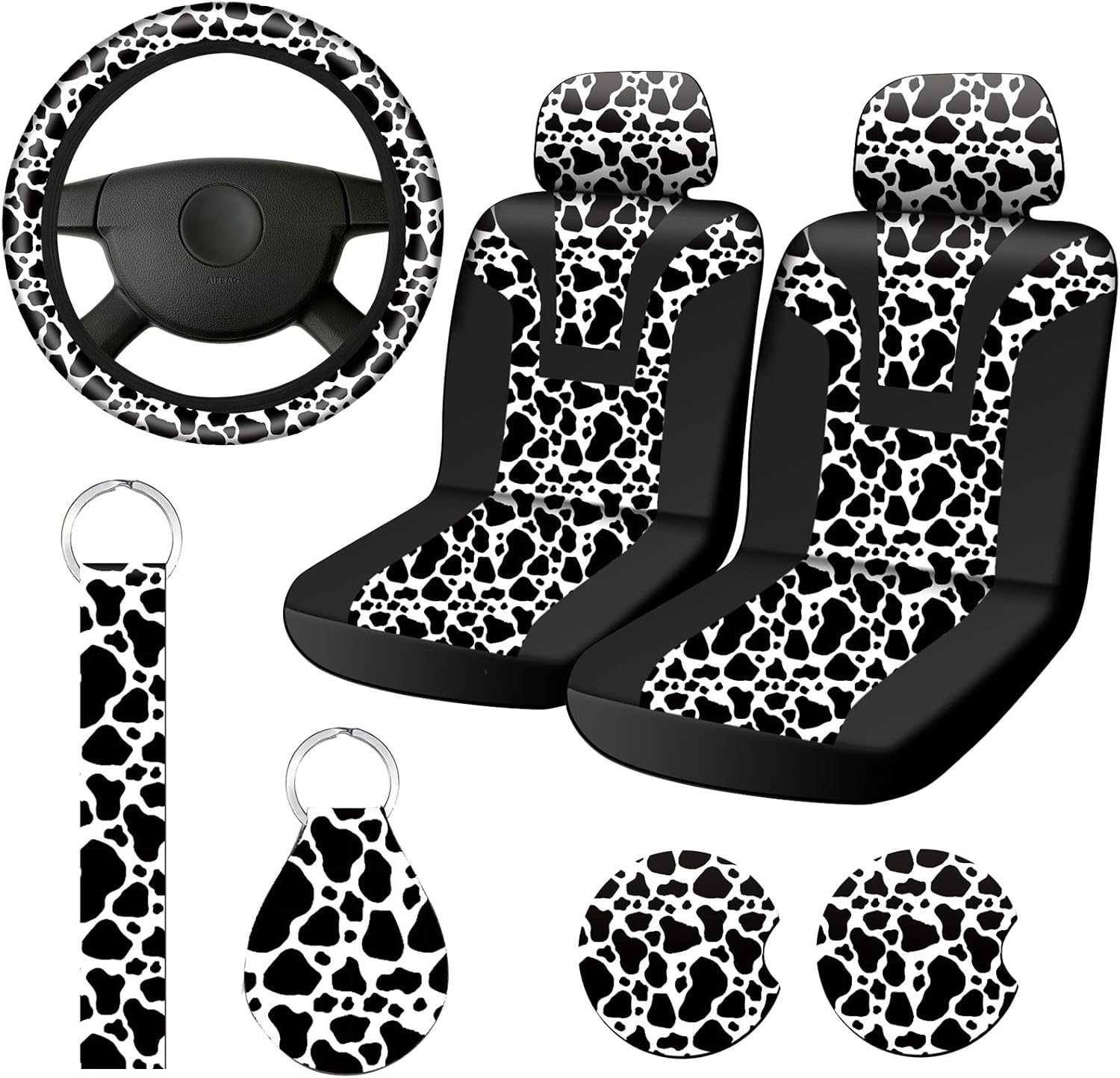 7 Pieces Leopard Cow Print Car Accessories Set, Includes Front Seat Covers, Steering Wheel Cover, Car Coasters, Keychain Wrist Strap Cheetah Print for Universal Car Decorations (Cow Print Style)