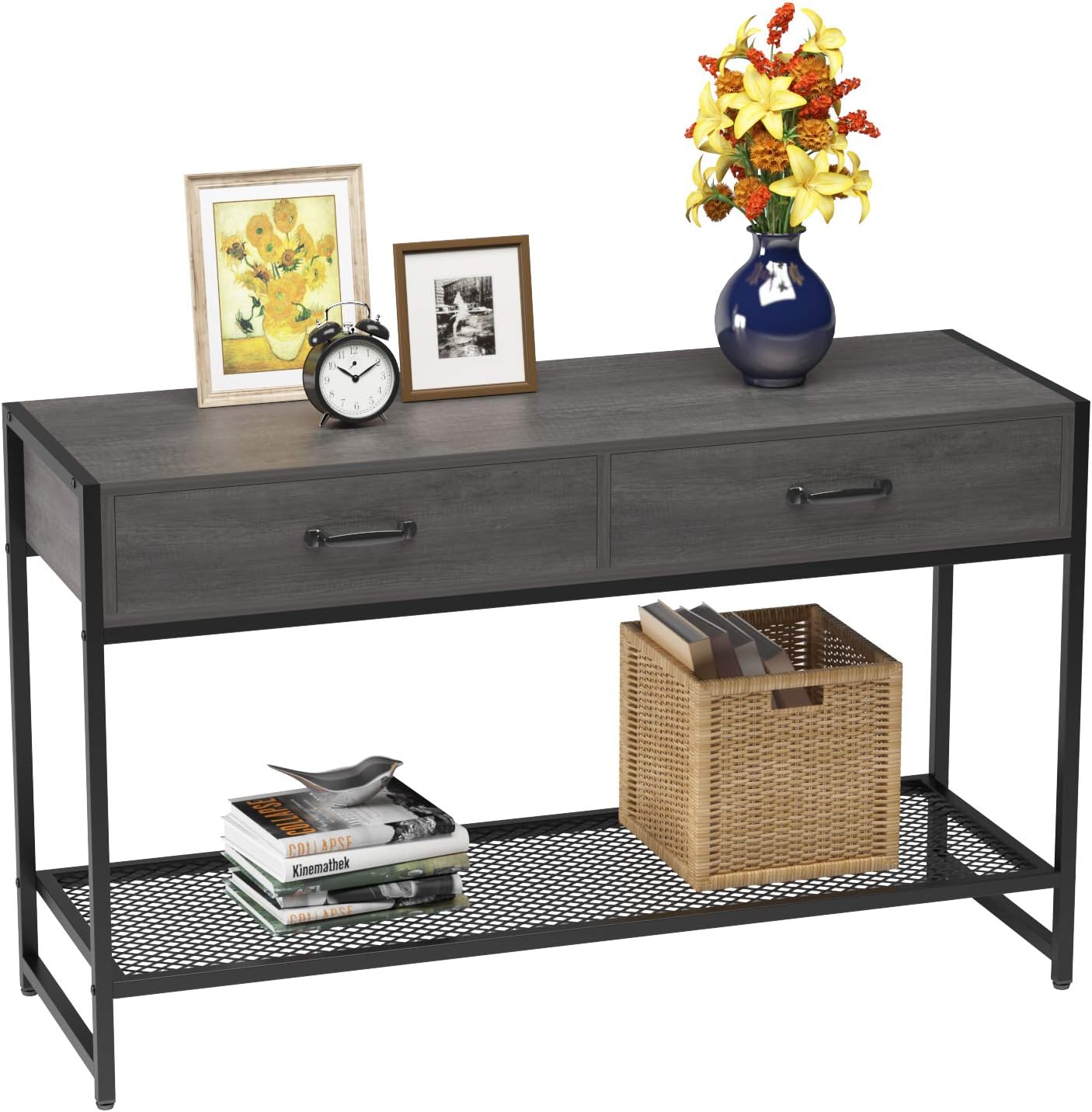 Elephance Industrial Console Table, Sideboard Sofa Table with 2 Drawers and Storage Shelf, Entryway Table for Hallway, Entryway, Living Room, Bedroom (Black Oak)