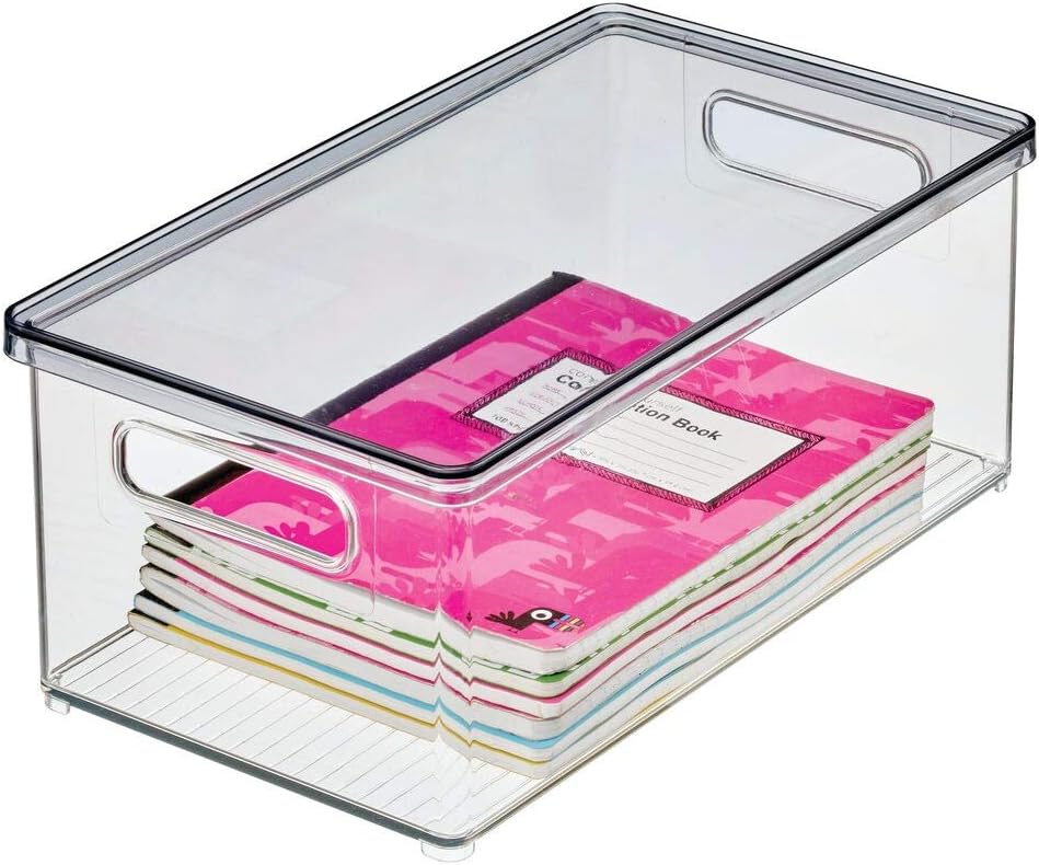 mDesign Plastic Stackable Storage Desk Organizer Bin Box with Handles, Lid for Home Office to Hold Pens, Erasers, Tape, Pens, Pencils, Markers, Notepads, Highlighters, Staplers - 4 Pack - Clear/White Pack of 2