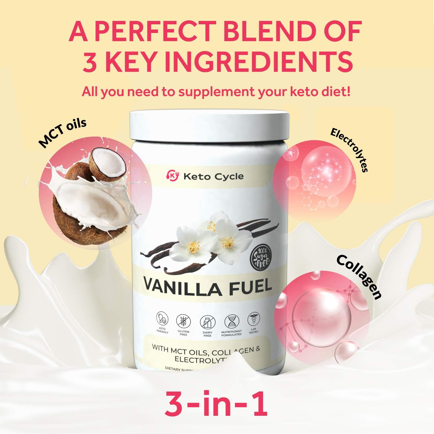 Keto Cycle Keto Collagen Powder with MCT Oil Powder & Electrolytes - Vanilla Flavor Keto Fuel for Ketosis - Keto Friendly, Gluten Free & Dairy Free - Great in Keto Coffee or Keto Shake (9oz.) Pack of 2