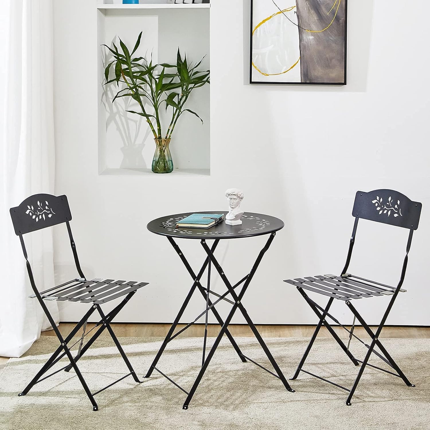 OC Orange-Casual 3 Piece Patio Set, Outdoor Bistro Set Folding, Garden Table Porch Chairs, Lawn Chairs for Adults with Decorative Design-Black