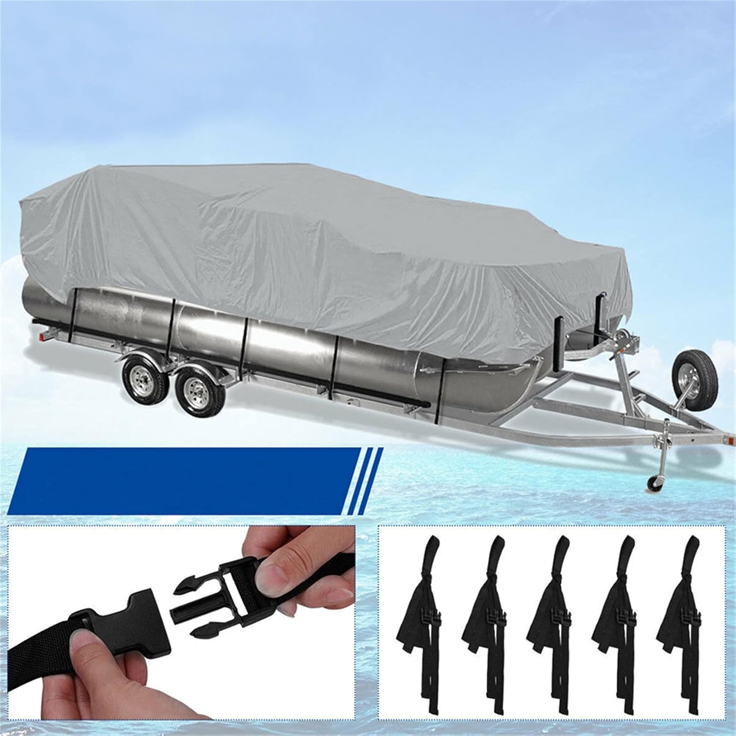 RainMan S 21-24Ft Boat Cover Waterproof Trailerable Pontoon Heavy Duty Fabric Gray Pack of 2