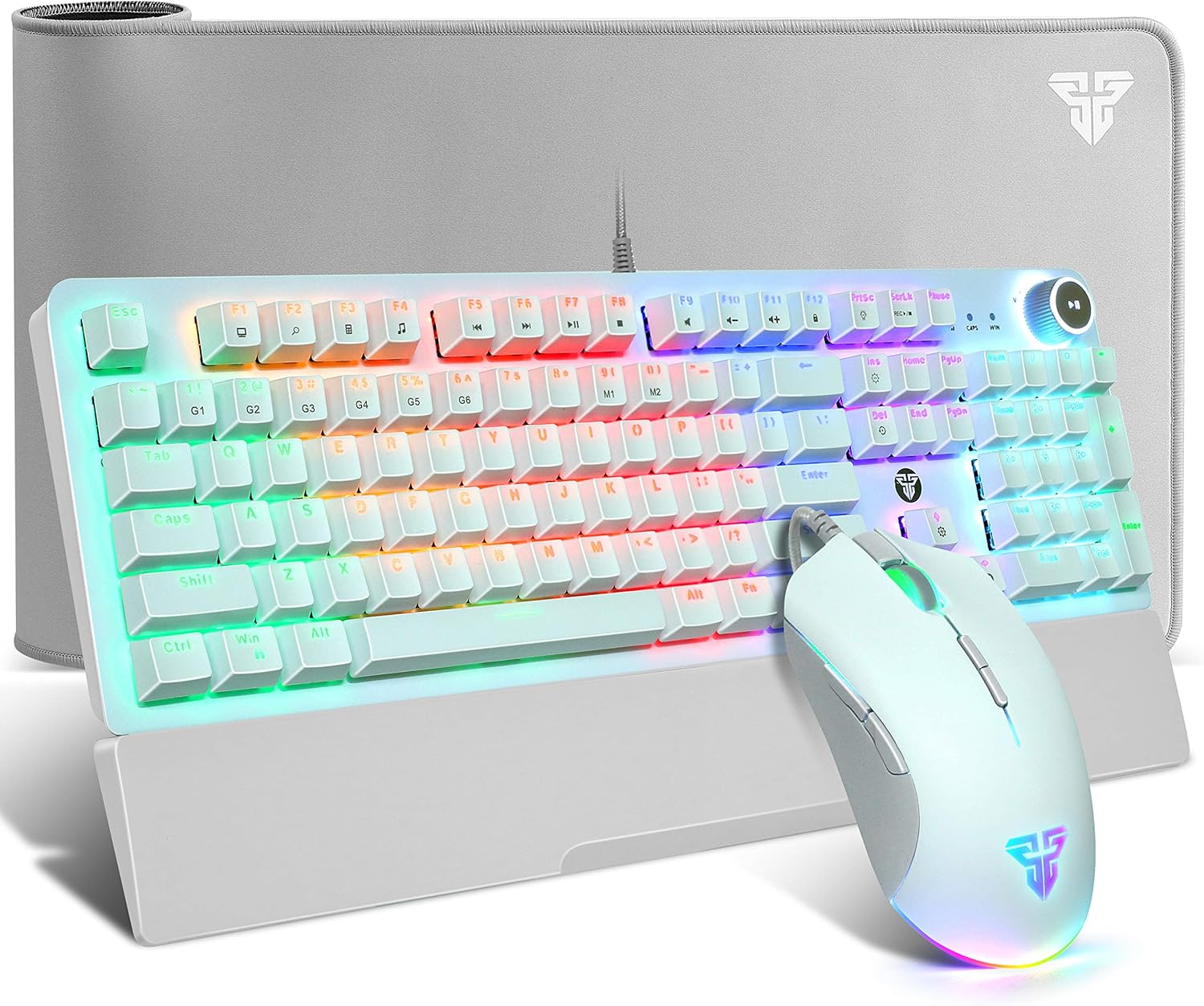 Mechanical Keyboard & Mouse & Mousepad Gaming Kit, RGB Macro Wired 104 Keys Blue Switch Wrist Rest Mechanical Keyboard 10000 DPI Programmable Mouse Large Mouse Pad (31.5x12In) Advanced Combo, White