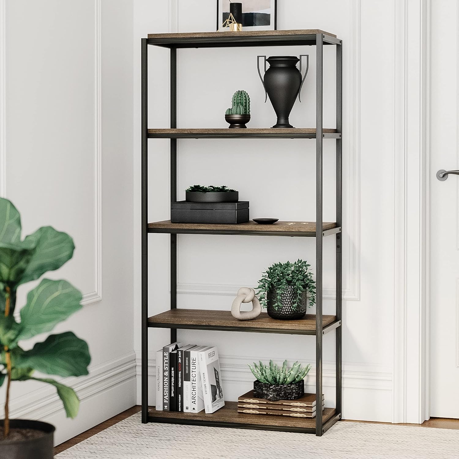 Nathan James Oscar Modern 5-Shelf Bookcase Industrial Bookshelf with Metal Frame and Wood Storage Shelves, Etagere, Nutmeg/Black