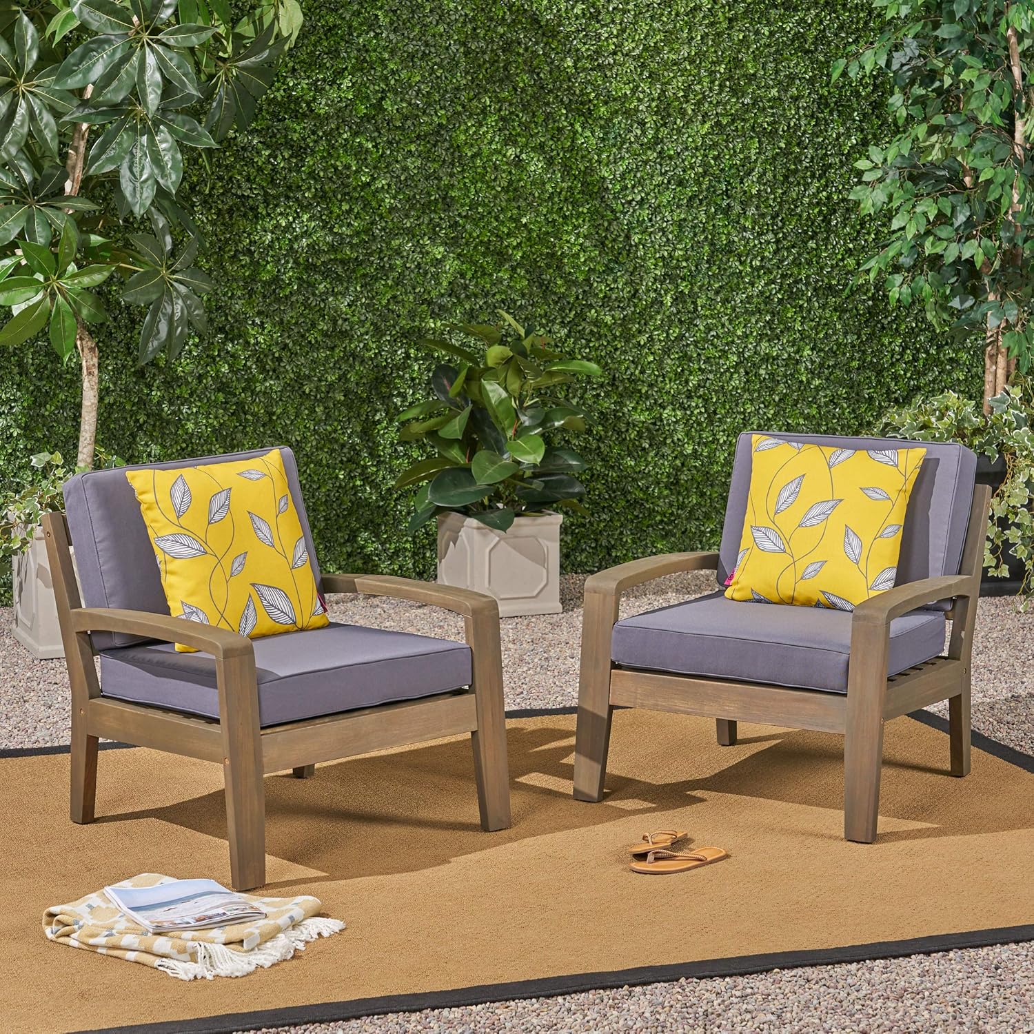 Christopher Knight Home 301122 Acacia Wood Club Chairs, Gray, 2-Pcs Set, Grey Finish/Dark Grey