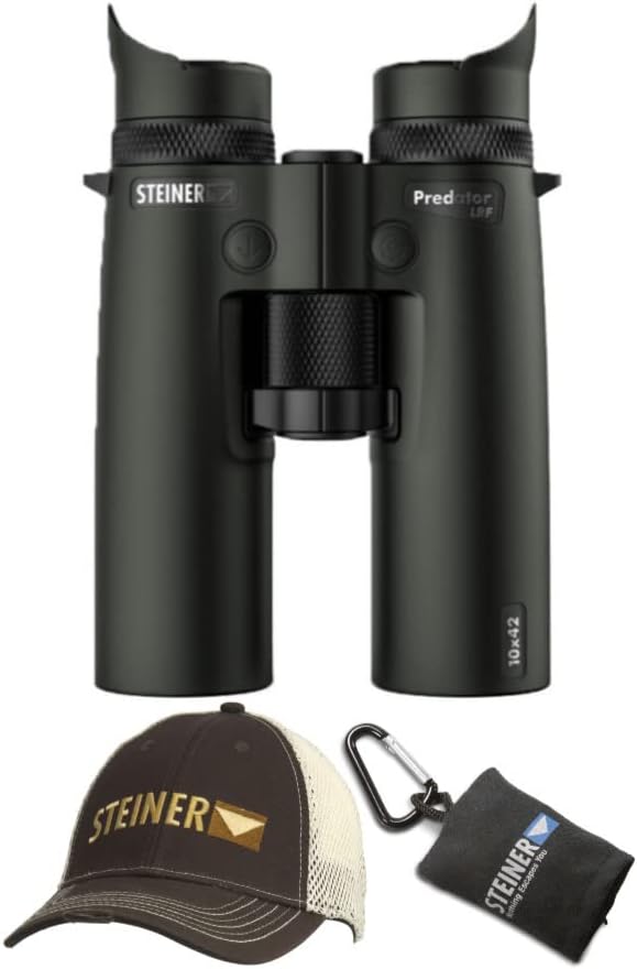 Steiner 10x42 Predator LRF (Black) Binoculars with Cap and Microfiber Lens Cloth Pouch Bundle (3 Items)
