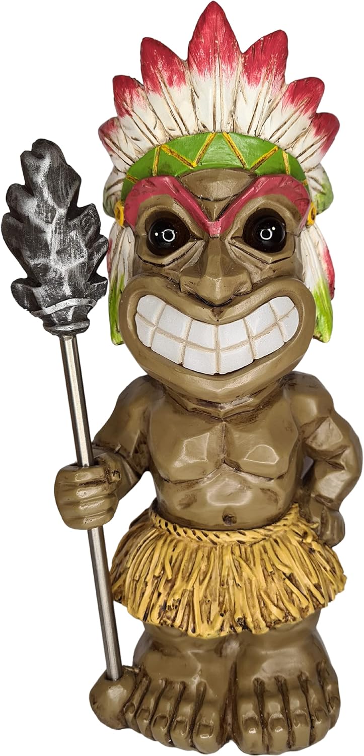 Tiki Solar Light Statue D&eacute;cor : Outdoor Happy Tiki Warrior with Solar Powered LED Eyes, Ideal Gift for Tiki bar or Pool bar. Handpainted Resin Statue with Replaceable Rechargeable Battery