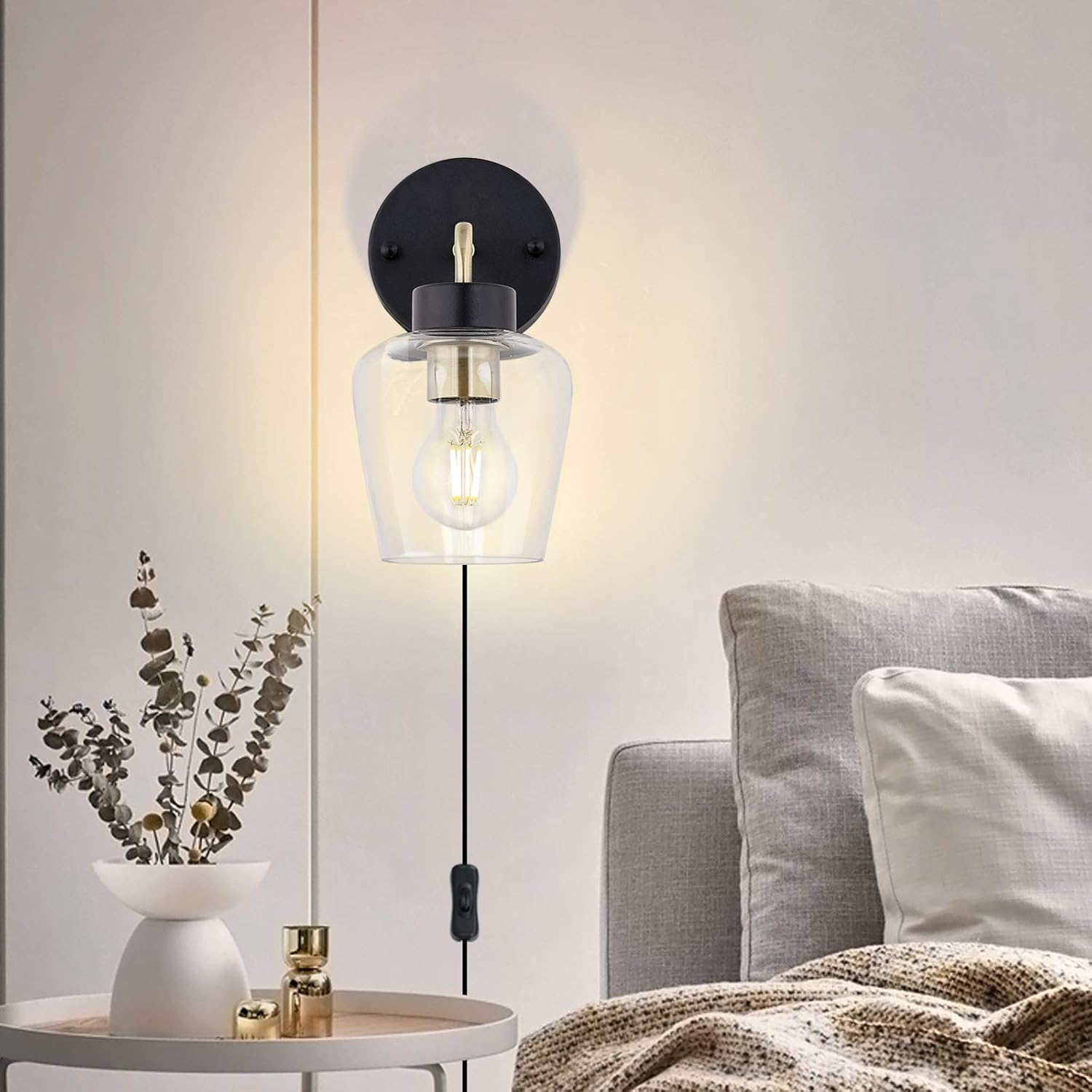 Plug in Wall Sconce Set of 2,Clear Glass Shade Matte Black Wall Lamps with ON/Off Cord,for Bedroom,Stair,Reading,Bedside,Living Room,Dining Room