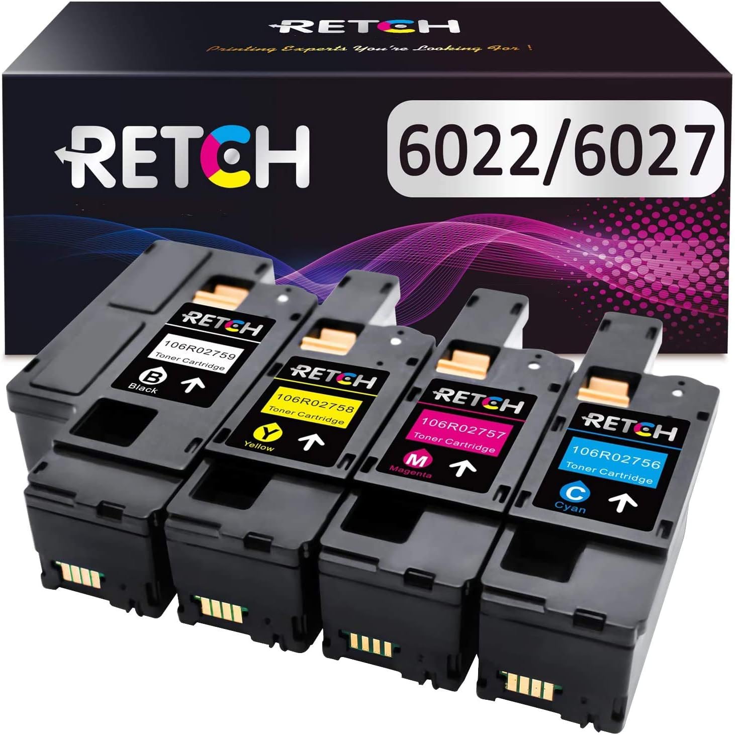 RETCH Remanufactured Toner Cartridge Replacement for Xerox WorkCentre 6027 6025 Phaser 6022 6020 Printer (1 Black 106R02759, 1 Cyan 106R02756, 1 Magenta 106R02757, 1 Yellow 106R02758, 4 Pack) Pack of 2
