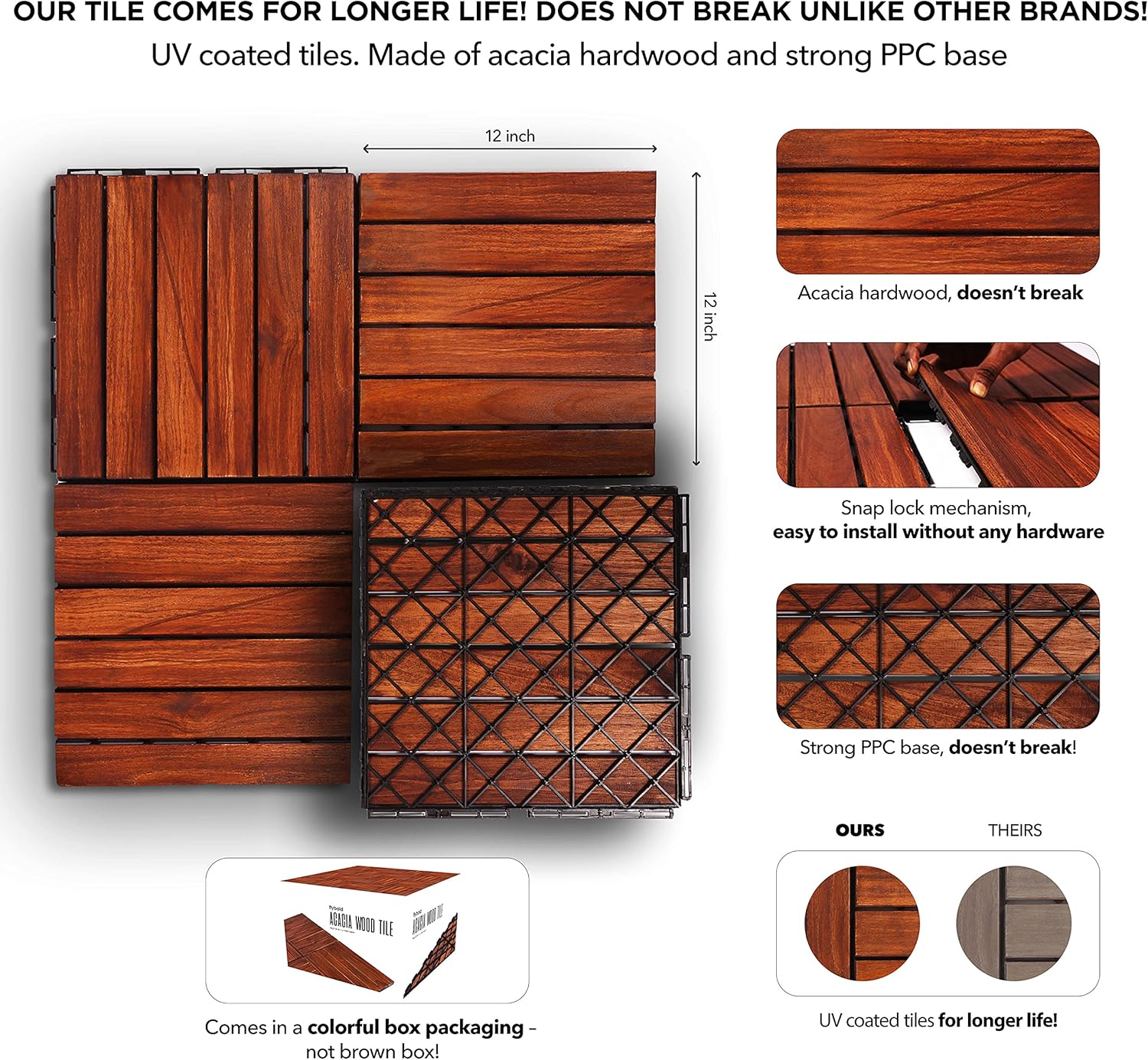 Acacia Wood Outdoor Flooring Interlocking Deck Tiles Patio Flooring Outdoor Waterproof UV Protected All Weather Tile for Composite Decking Dance Floor for Outdoor Party Balcony 10pcs 12&rdquo; x 12&rdquo;