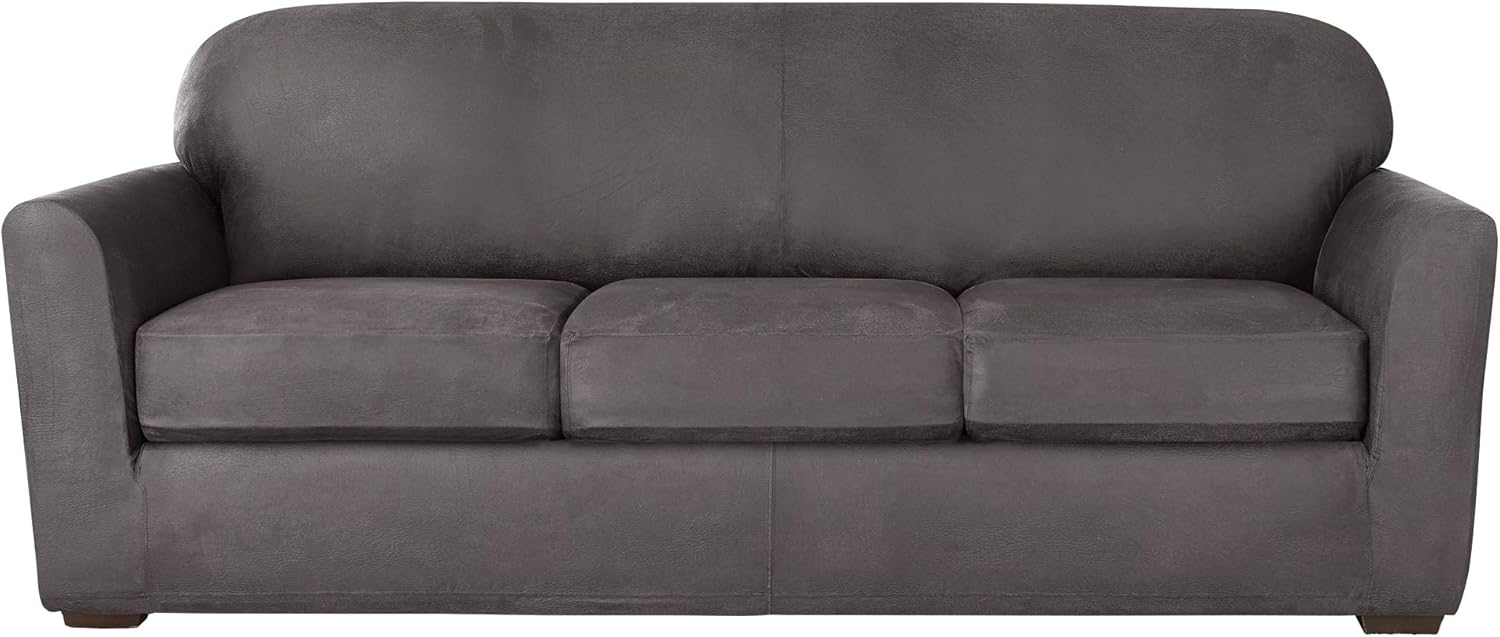 SureFit Home D&eacute;cor SF44054 Ultimate Stretch Leather Individual Cushion Sofa Cover, Form Fitting, Polyester/Spandex, Machine Washable Four Piece Antiqued Slate Color