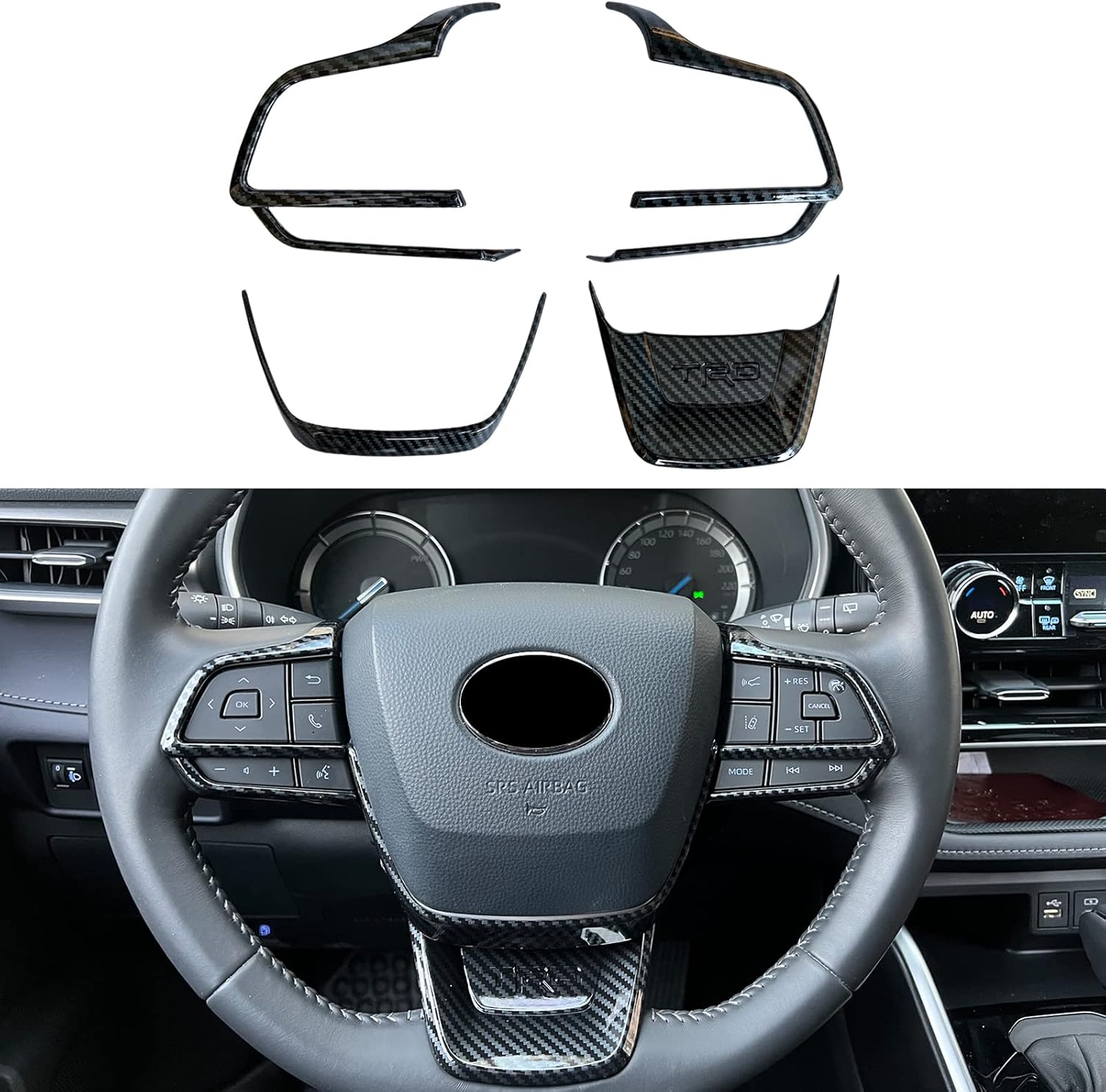 KEALAS 4PCS ABS Carbon Fiber Steering Wheel Cover Trim Frame Interior Accessories for Toyota Highlander 2020 2021 2022,for Sienna 2021 2022