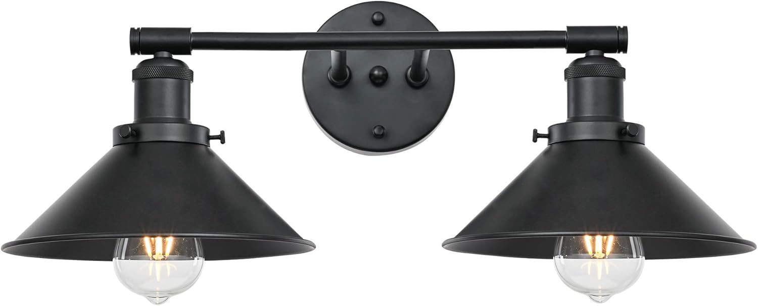 Passica Decor Modern Industrial Farmhouse 2-Light Vanity Light,Bathroom Living Room Double Sconce with Matt Black Cone Metal Shade