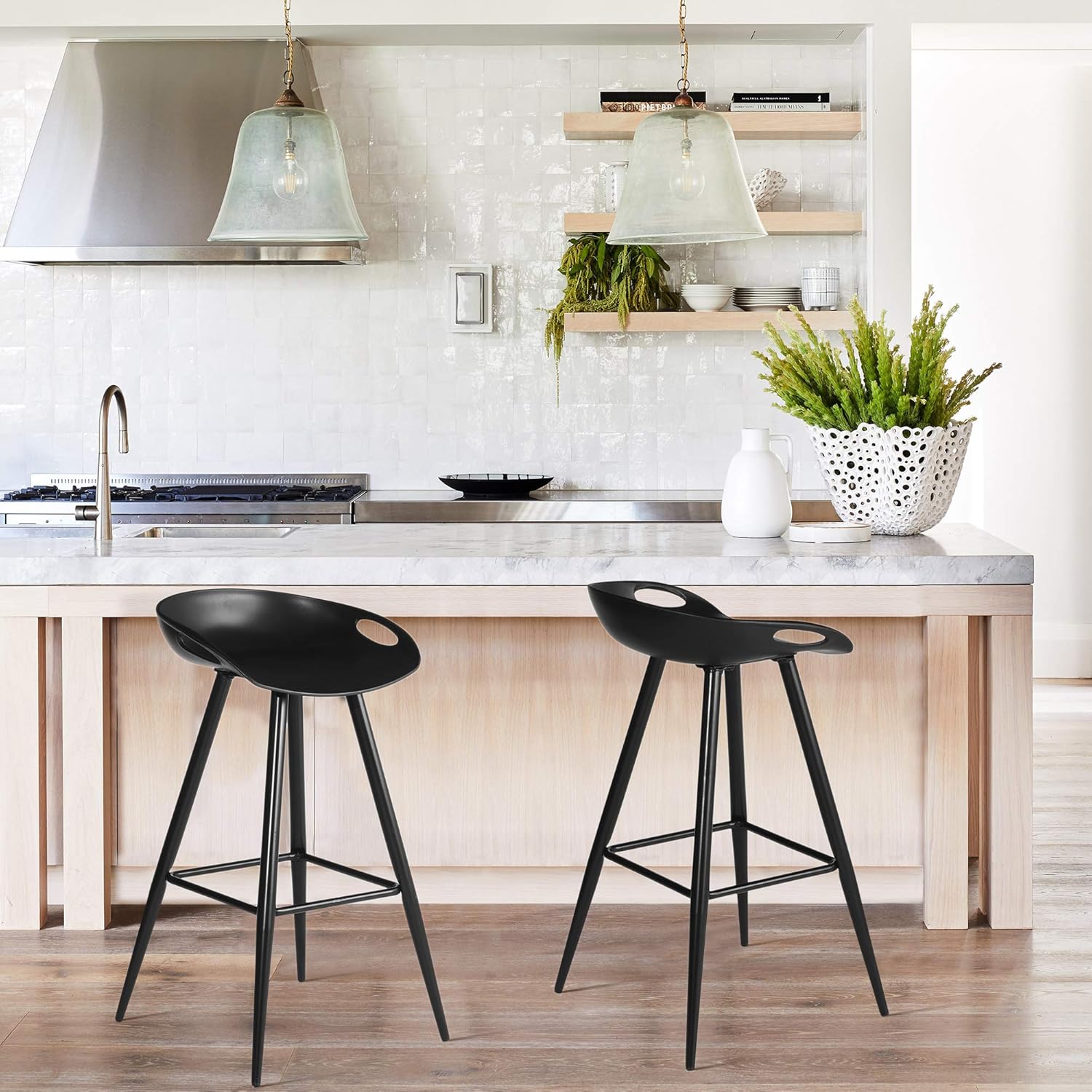 Set of 2 Bar Stools, 32.3-inch Simple Modern Style High Counter Stool with Low Backrest & Footrest & Metal Legs & PP Seat, Portable Barstools for Kitchen Island Patio Balcony, White & Bronze