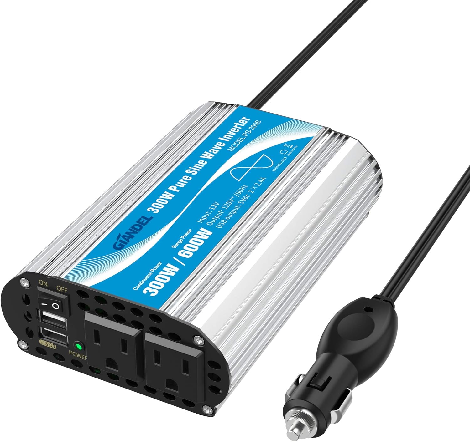 300Watt Pure Sine Wave Power Inverter DC 12volt to AC 120volt Car Converter Adapter with Dual USB Ports for Smartphones Laptops Tablets Pack of 2