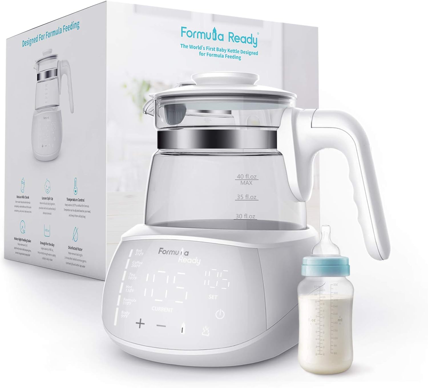 Formula Ready Baby Water Kettle- One Button Boil Cool Down and Keep Warm at Perfect Baby Bottle Temperature 24/7 - Dispense Warm Water Instantly- Replace Traditional Baby Bottle Warmer