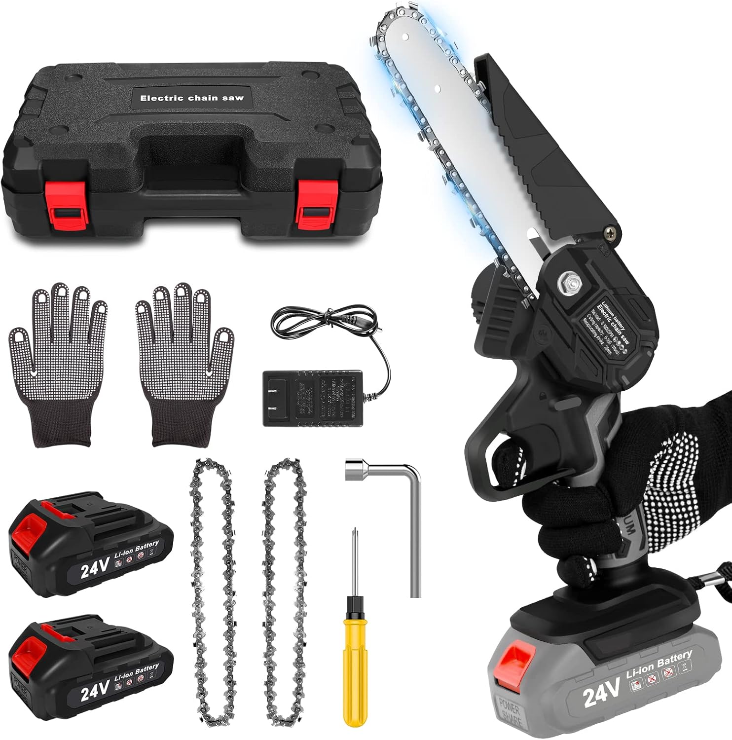 Gocheer Mini Chainsaw 6 Inch, Electric Cordless Chainsaw Portable Handheld Chainsaw with 24V Rechargeable Battery, Mini Chainsaw Cordless for Branch Wood Cutting, Garden Pruning, Tree Trimming Pack of 2