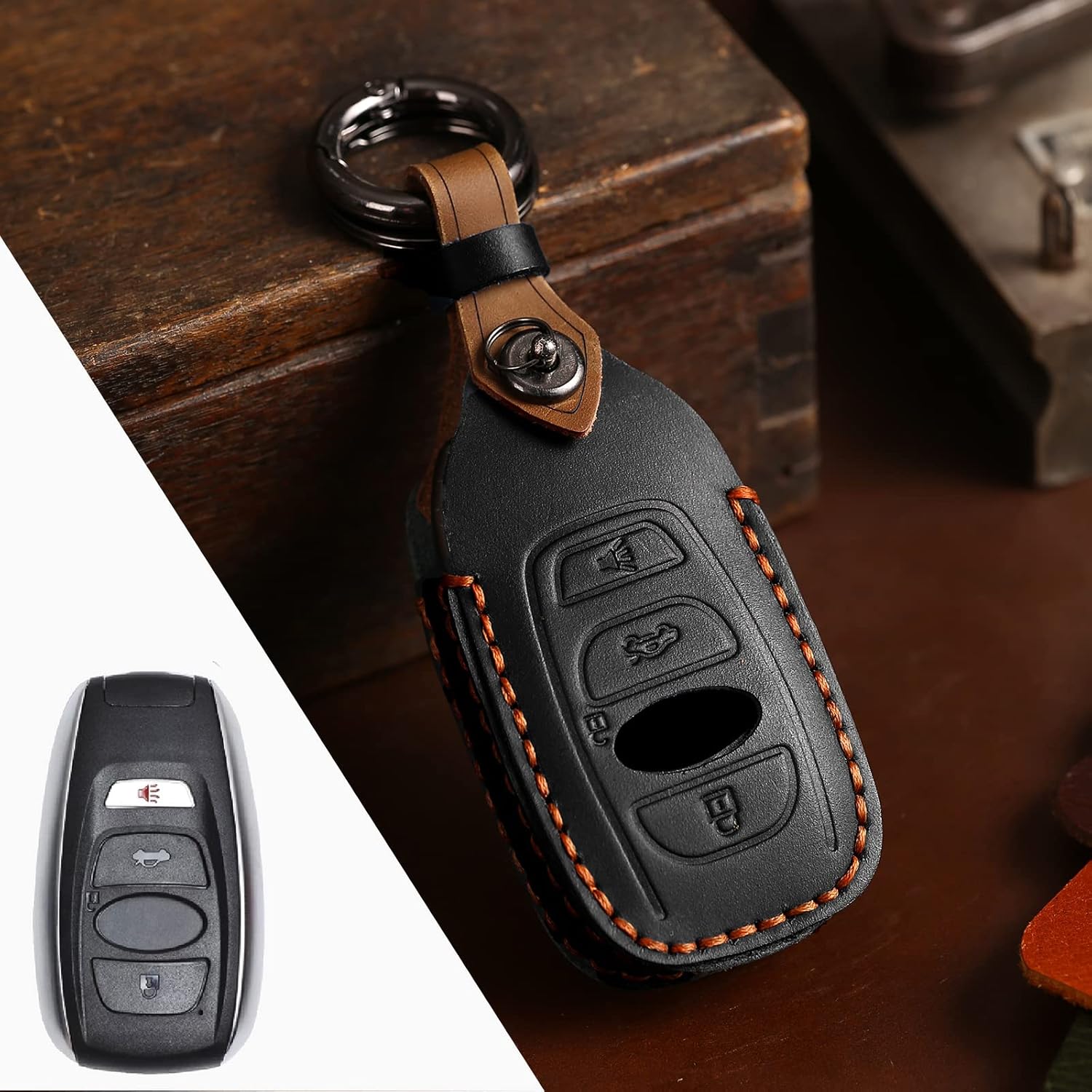 KEALAS for Subaru Smart Key Case Cover, Handmade Leather Keychain Cover, With Metal Keychain for Forester Outback Crosstrek WRX Ascent BRZ Impreza Legacy Smart Key (Brown)