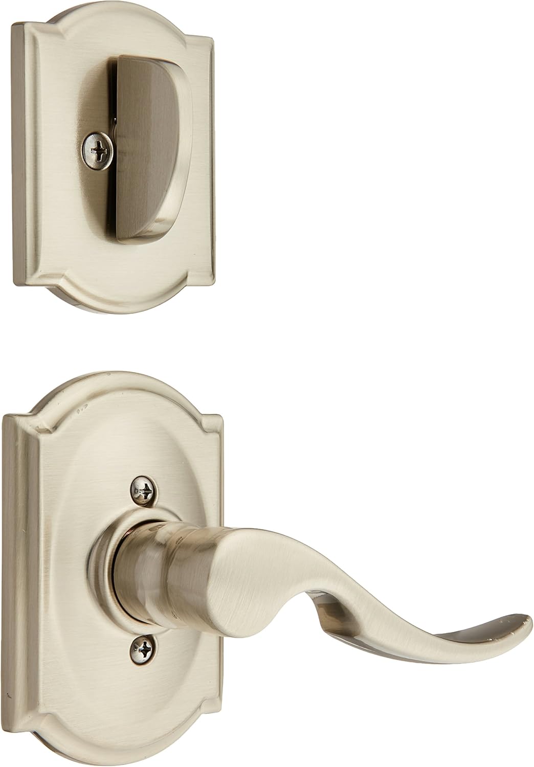 Schlage Lock Company F94STA619CAMRH Satin Nickel Interior Pack St. Annes Lever Right Handed Dummy Interior Pack with Deadbolt Cover Plate and Decorative Camelot Rose Pack of 2